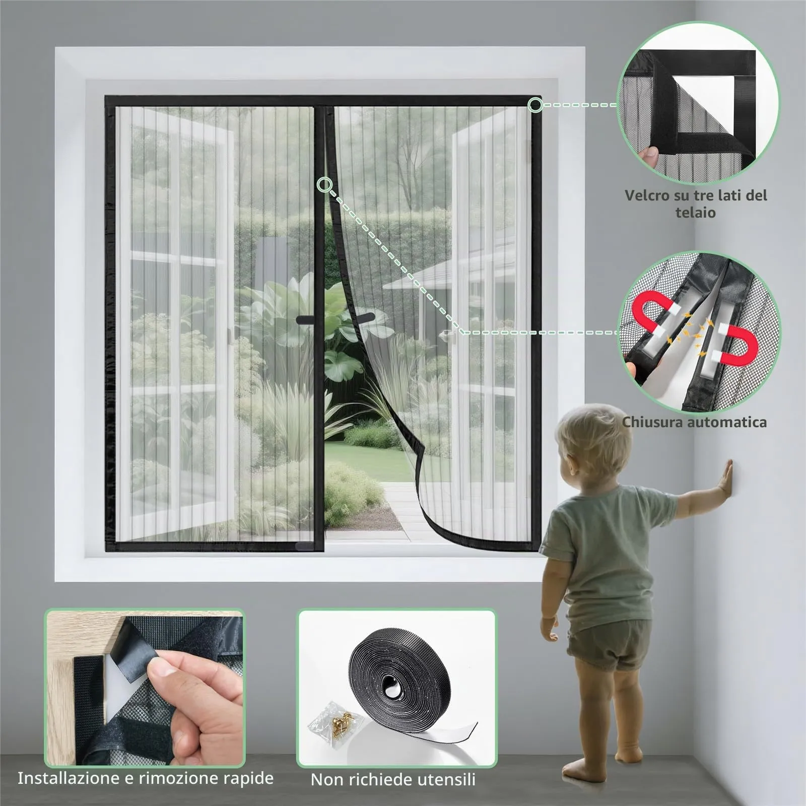 WENT Zanzariera Magnetica per Finestre 120x100 cm - Zanzariere Magnetiche per Porte Finestre Scorrevole, Chiusura Automatica, con Nastro Adesivo, Installazione Rapida senza Attrezzi, Nero - immagine 3