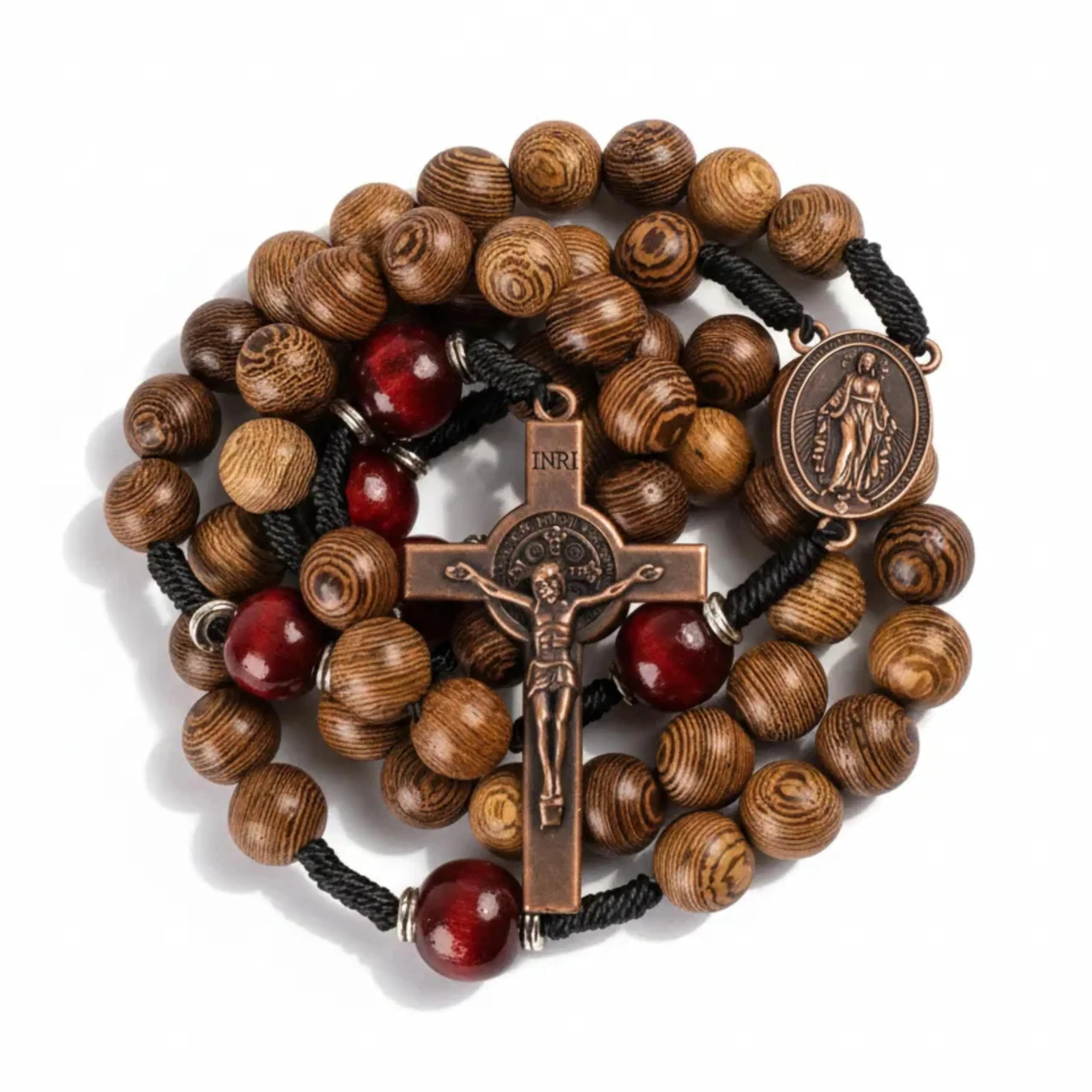 Nazareth Store Rosario cattolico realizzato a mano in legno massello di olivo e rosso scuro, collana da preghiera con medaglia in rame antico e crocifisso, regalo per uomo, 20.6", Legno, Nessuna - immagine 1