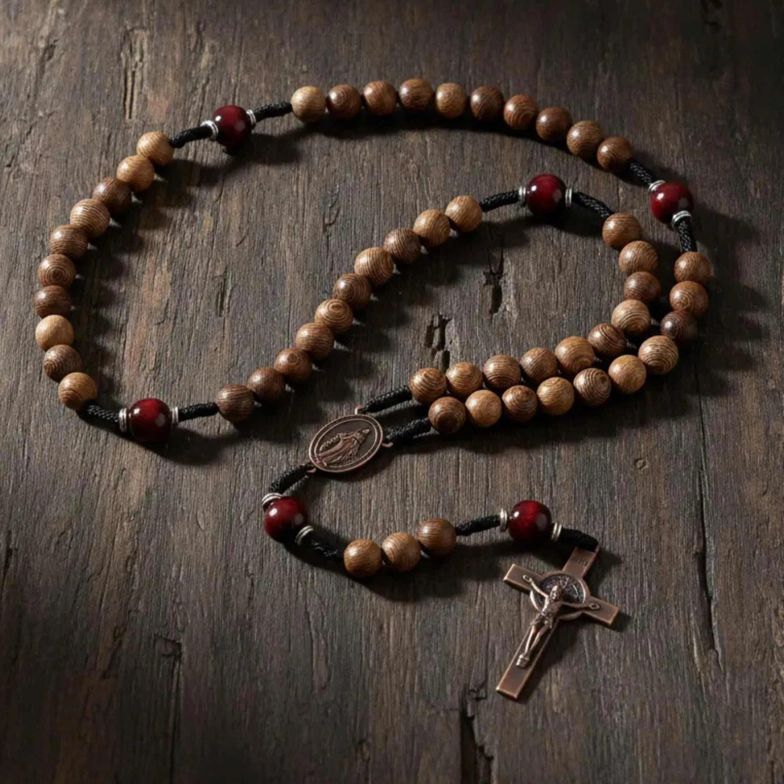 Nazareth Store Rosario cattolico realizzato a mano in legno massello di olivo e rosso scuro, collana da preghiera con medaglia in rame antico e crocifisso, regalo per uomo, 20.6", Legno, Nessuna - immagine 5