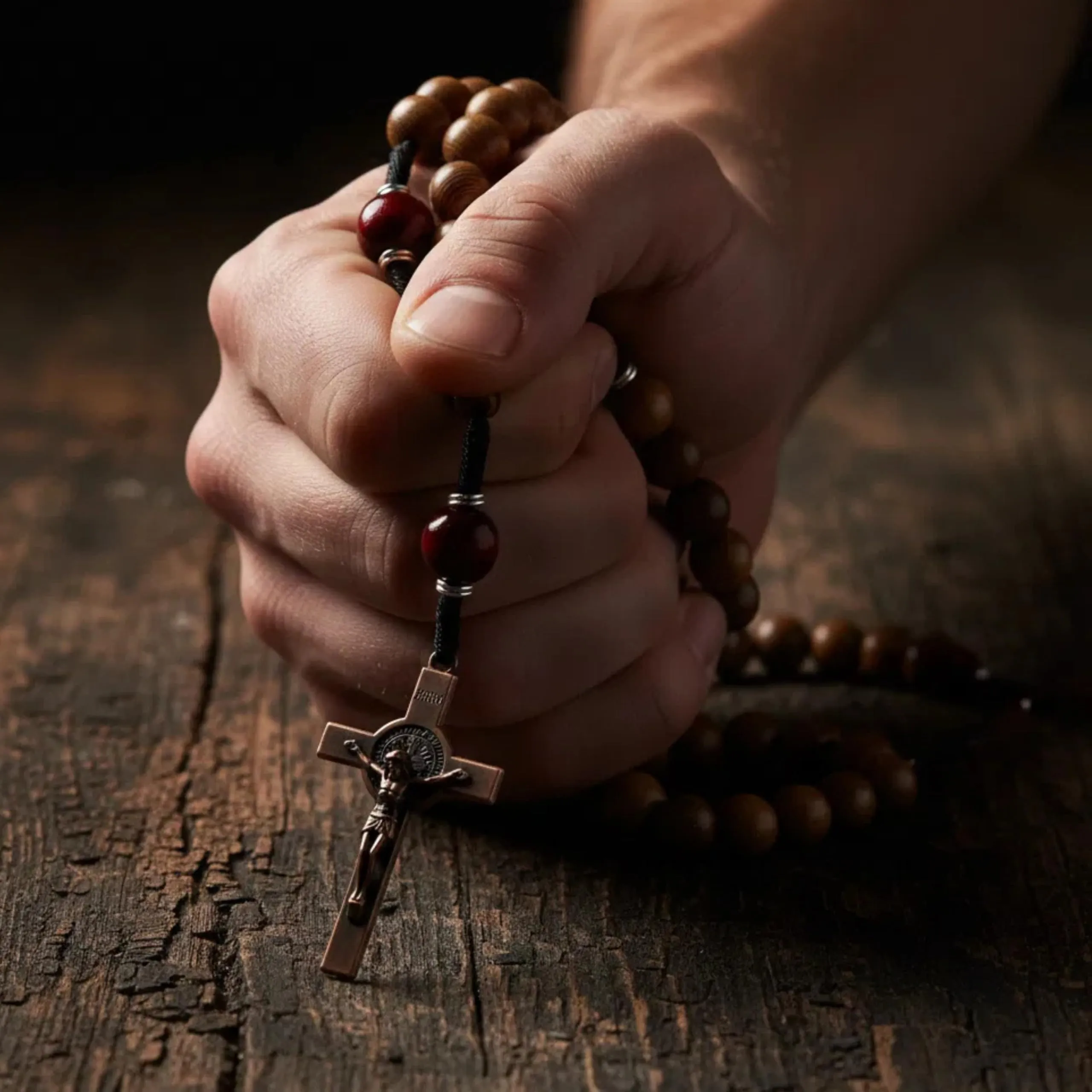 Nazareth Store Rosario cattolico realizzato a mano in legno massello di olivo e rosso scuro, collana da preghiera con medaglia in rame antico e crocifisso, regalo per uomo, 20.6", Legno, Nessuna - immagine 7