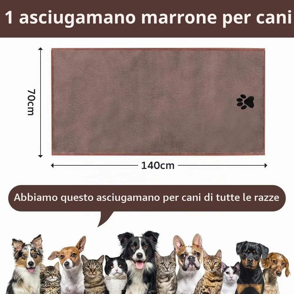 Adiwo Asciugamani per Cani, 140x70cm Asciugamano Microfibra, Asciugamani Pet Morbidi e ad Asciugatura Rapida, Super Assorbente, Coperta Animali per Cani e Gatti di Piccola e Grande Taglia (Marrone) - immagine 2