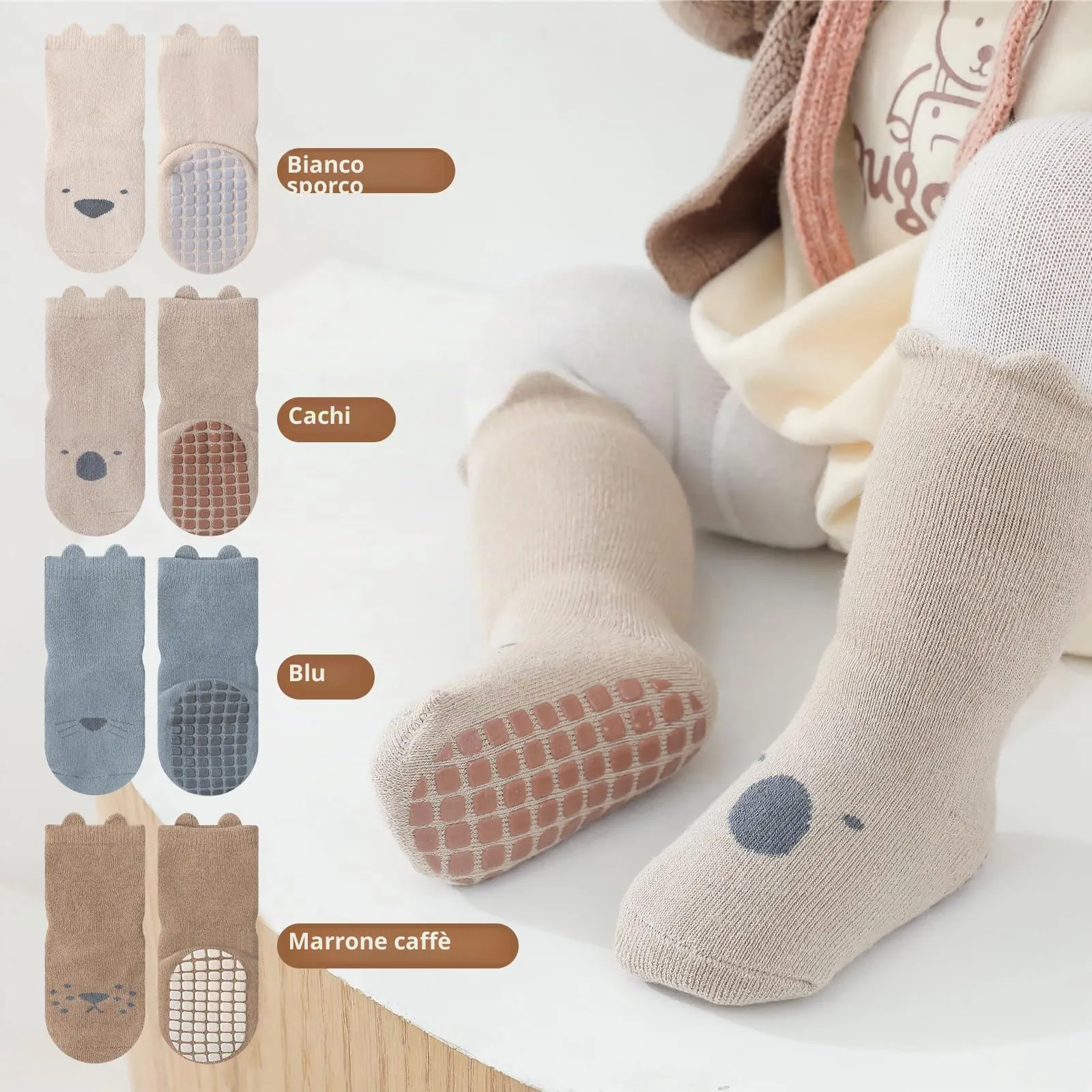 Bigqin 4 Paia Calzini Antiscivolo Bambino Cotone Bimbi Bambini,Addensati Invernali Caldi Calzini di Cotone Antiscivolo, Leone Marrone/Procione Color Cachi/Gatto Blu/Cucciolo Beige, per 3-5 anni - immagine 2