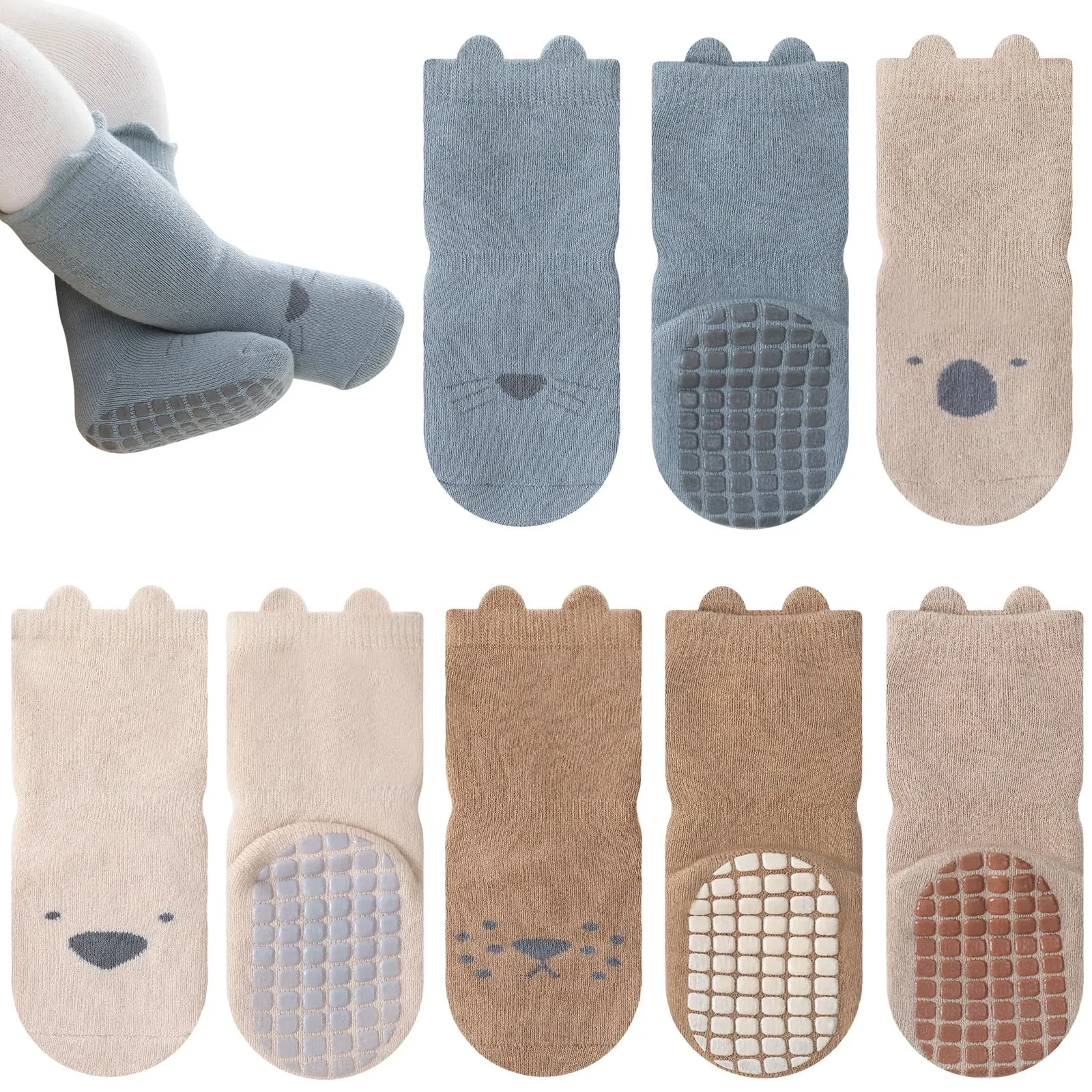 Bigqin 4 Paia Calzini Antiscivolo Bambino Cotone Bimbi Bambini,Addensati Invernali Caldi Calzini di Cotone Antiscivolo, Leone Marrone/Procione Color Cachi/Gatto Blu/Cucciolo Beige, per 0-1 anni - immagine 1