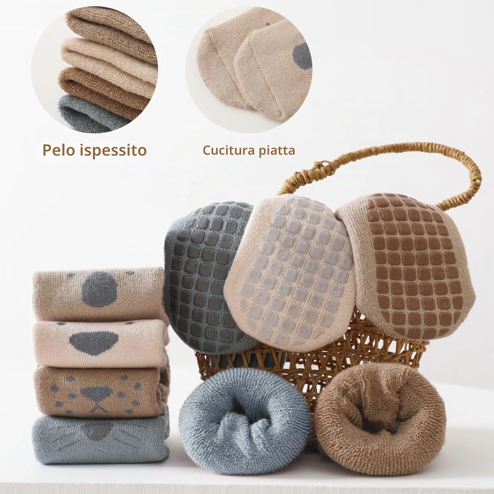 Bigqin 4 Paia Calzini Antiscivolo Bambino Cotone Bimbi Bambini,Addensati Invernali Caldi Calzini di Cotone Antiscivolo, Leone Marrone/Procione Color Cachi/Gatto Blu/Cucciolo Beige, per 0-1 anni - immagine 5
