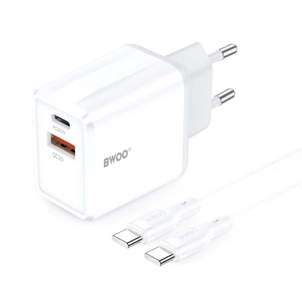 Caricabatterie da Rete con Cavo USB-C BWOO CDA182, 38W, 3A, 1 x USB-A - 1 x USB-C, Bianco - immagine 1