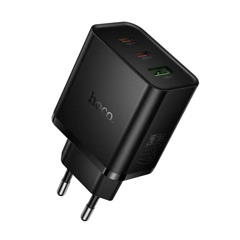 Caricabatterie da Rete HOCO N75, 65W, 3A, 1 x USB-A - 2 x USB-C, Nero - immagine 1