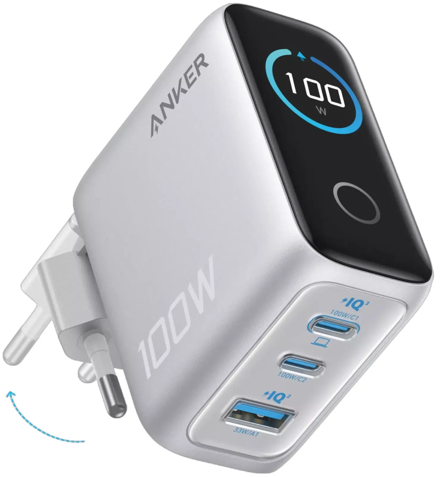 Caricabatterie da rete con cavo USB-C Anker Smart Display, 100W, 5A, 1 x USB-A - 2 x USB-C, Argento B121BG41 - immagine 1