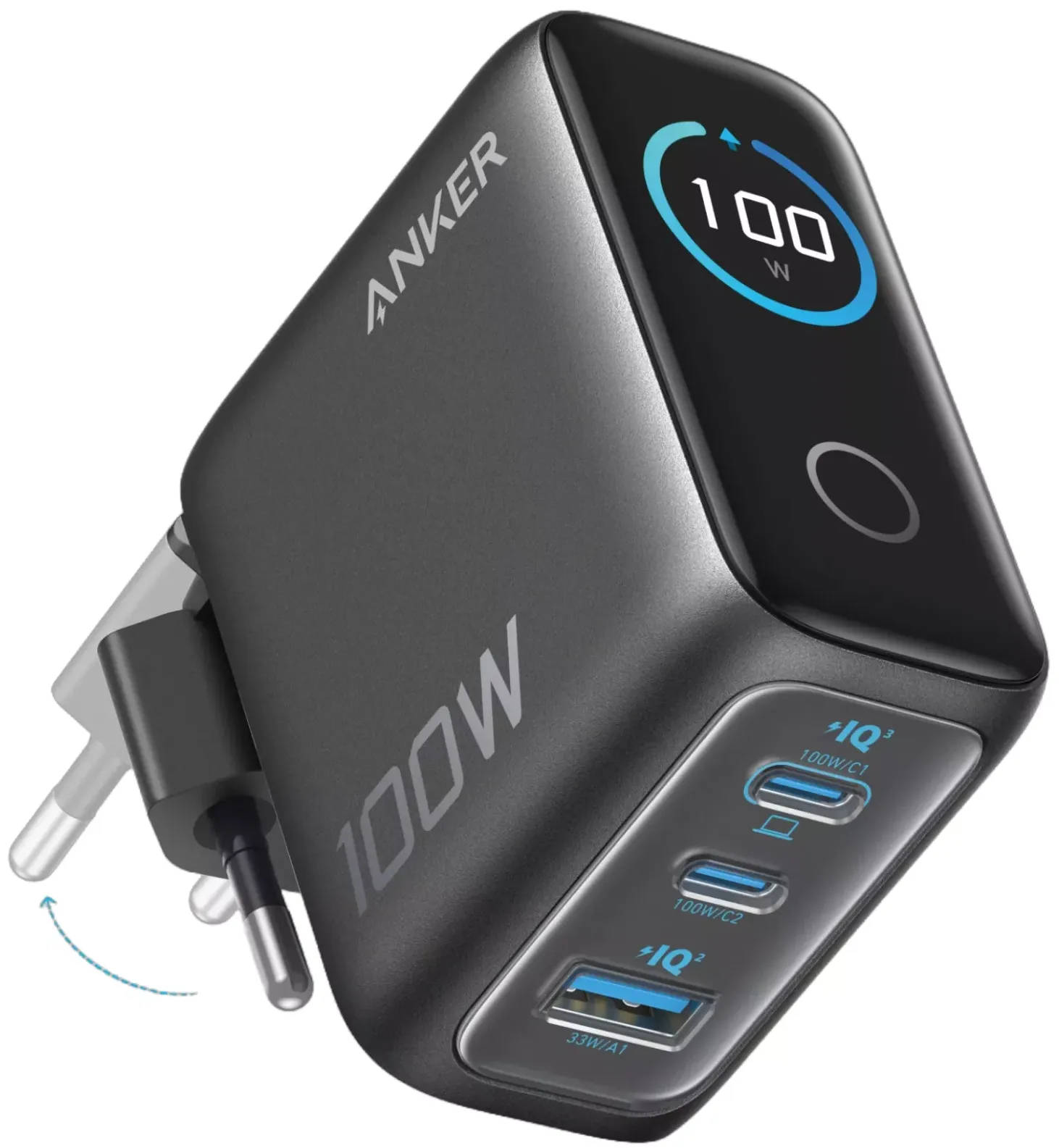 Caricabatterie Rete con Cavo USB-C Anker Smart Display, 100W, 5A, 1 x USB-A - 2 x USB-C, Grigio B121BGZ1 - immagine 1
