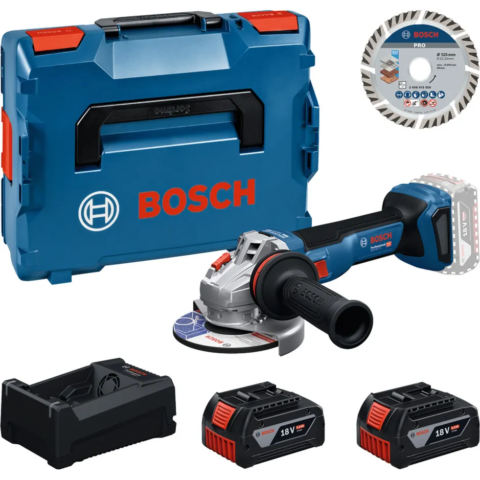 Set di utensili smerigliatrice angolare a batteria 18 volt con 2 batterie da 5,0 ampere-ora e disco da taglio 125 in L-BOXX, Set di strumenti - immagine 1