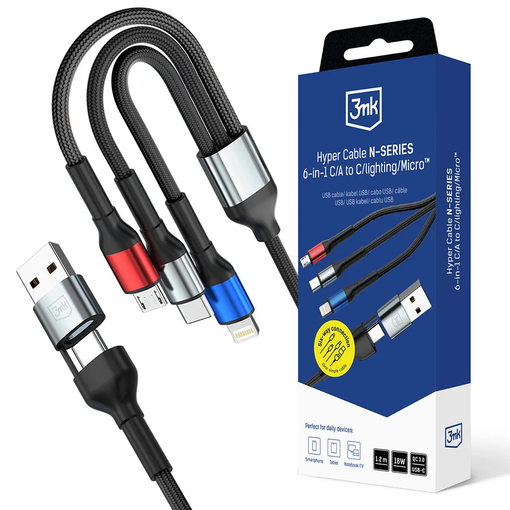 Cavo di Ricarica USB-A / USB-C - Lightning / microUSB / USB-C 3MK Hyper N, 18W, 1.2m, Nero - immagine 1