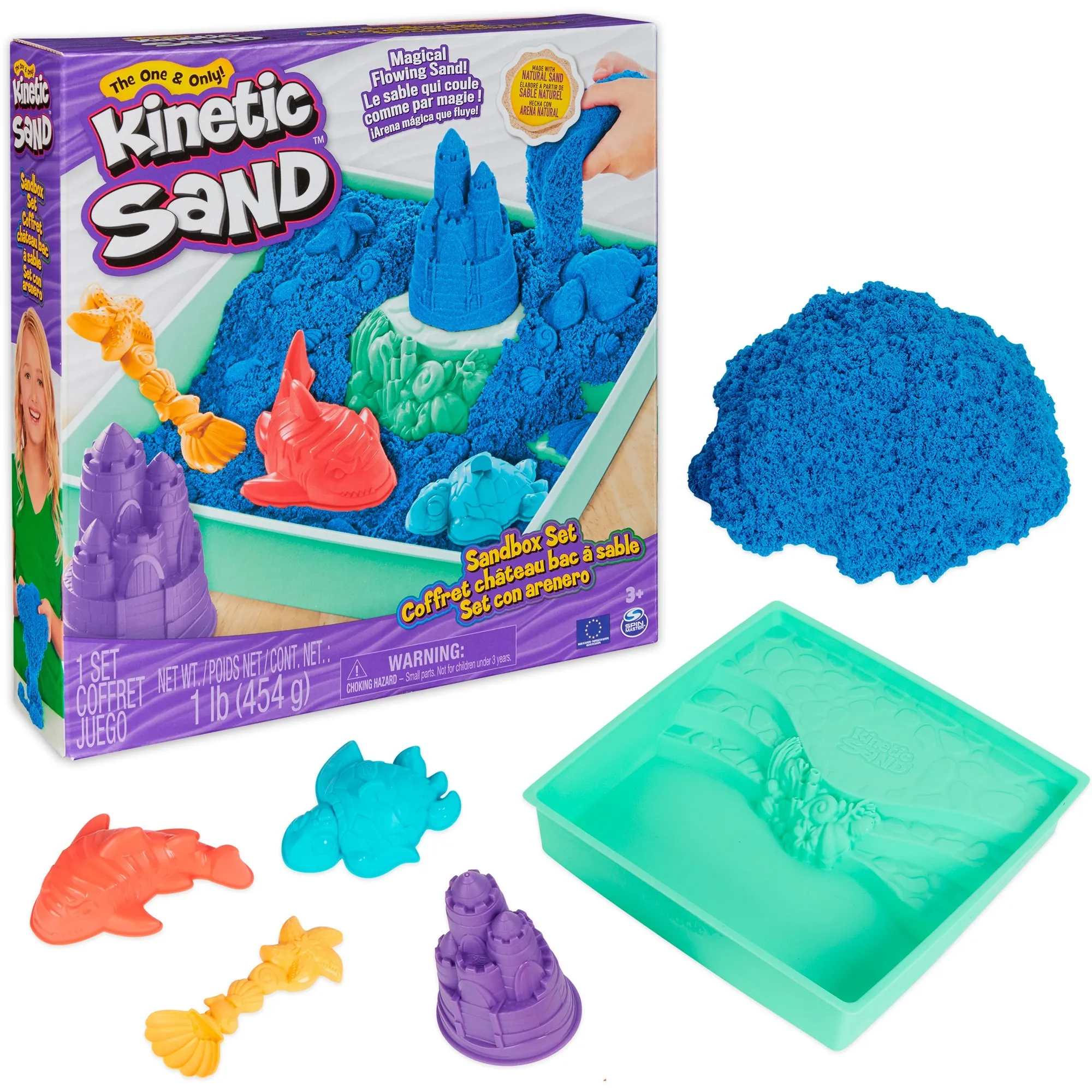 Kinetic Sand, Playset Castelli di Sabbia Cinetica Blu, con Vaschetta, Sabbia Magica, 454gr, 3 Formine Incluse, Giocattoli per Bambini e Bambine, 3+ anni, Gioco di sabbia - immagine 1