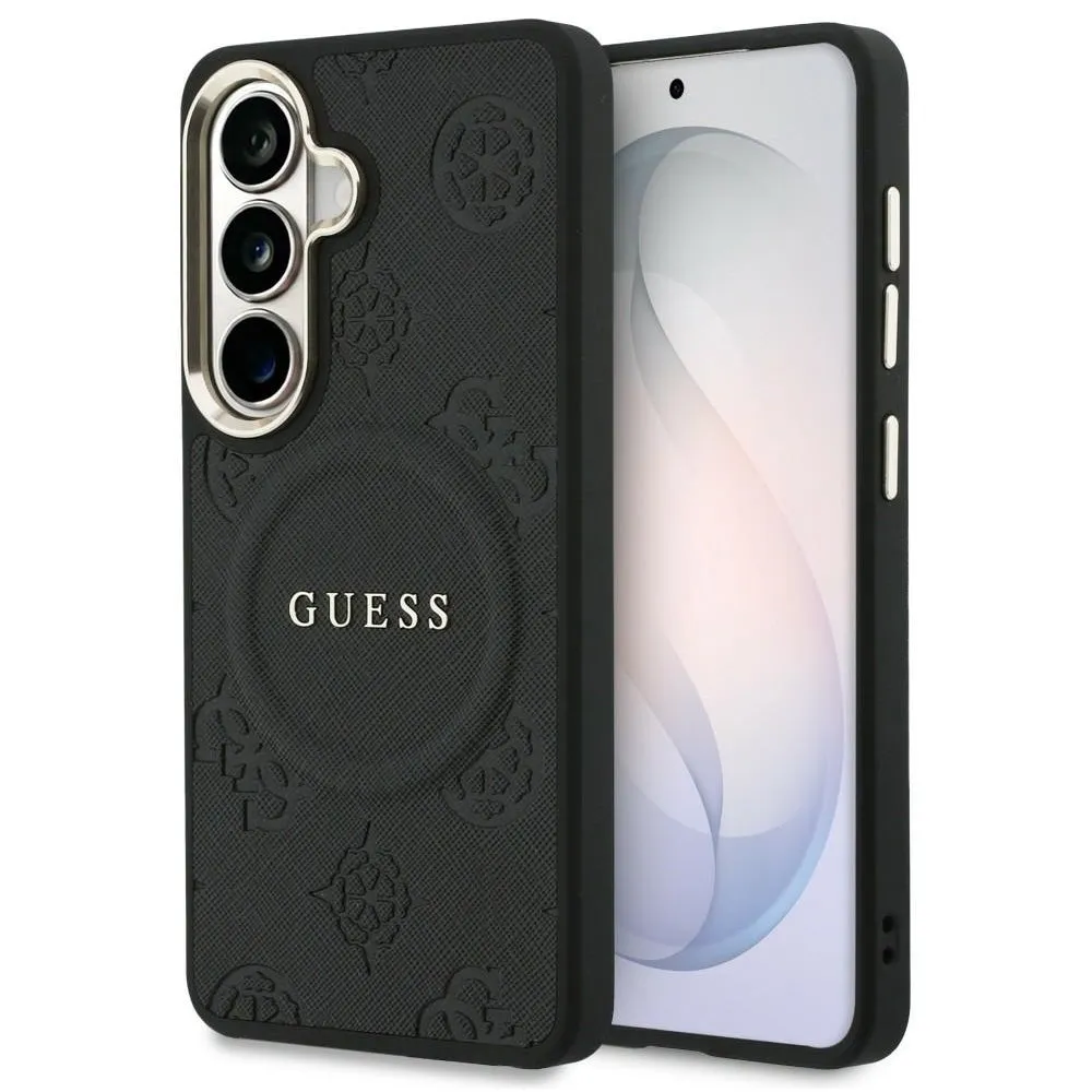 Custodia MagSafe per Samsung Galaxy S26 S942, Guess, Saffiano Peony Embossed Ring, Nera - immagine 1