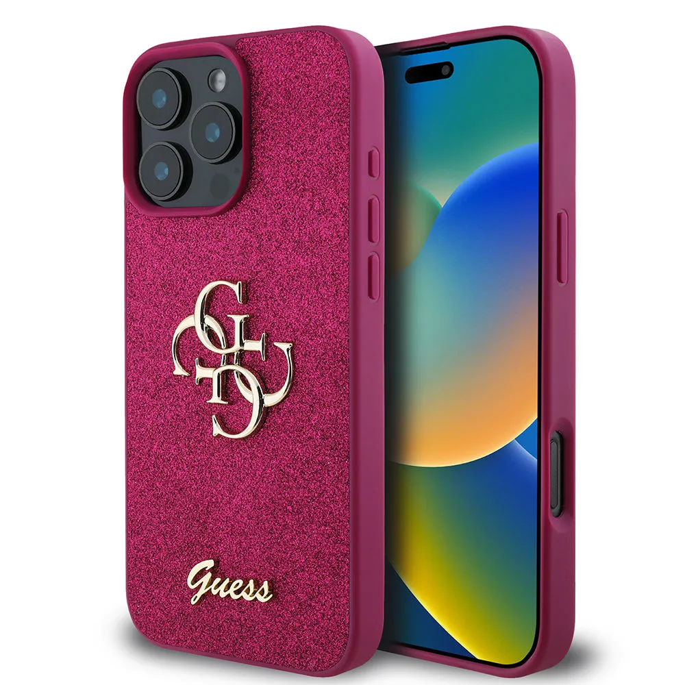 Custodia per Apple iPhone 16 Pro, Guess, Glitter Big 4G Script, Magenta - immagine 1
