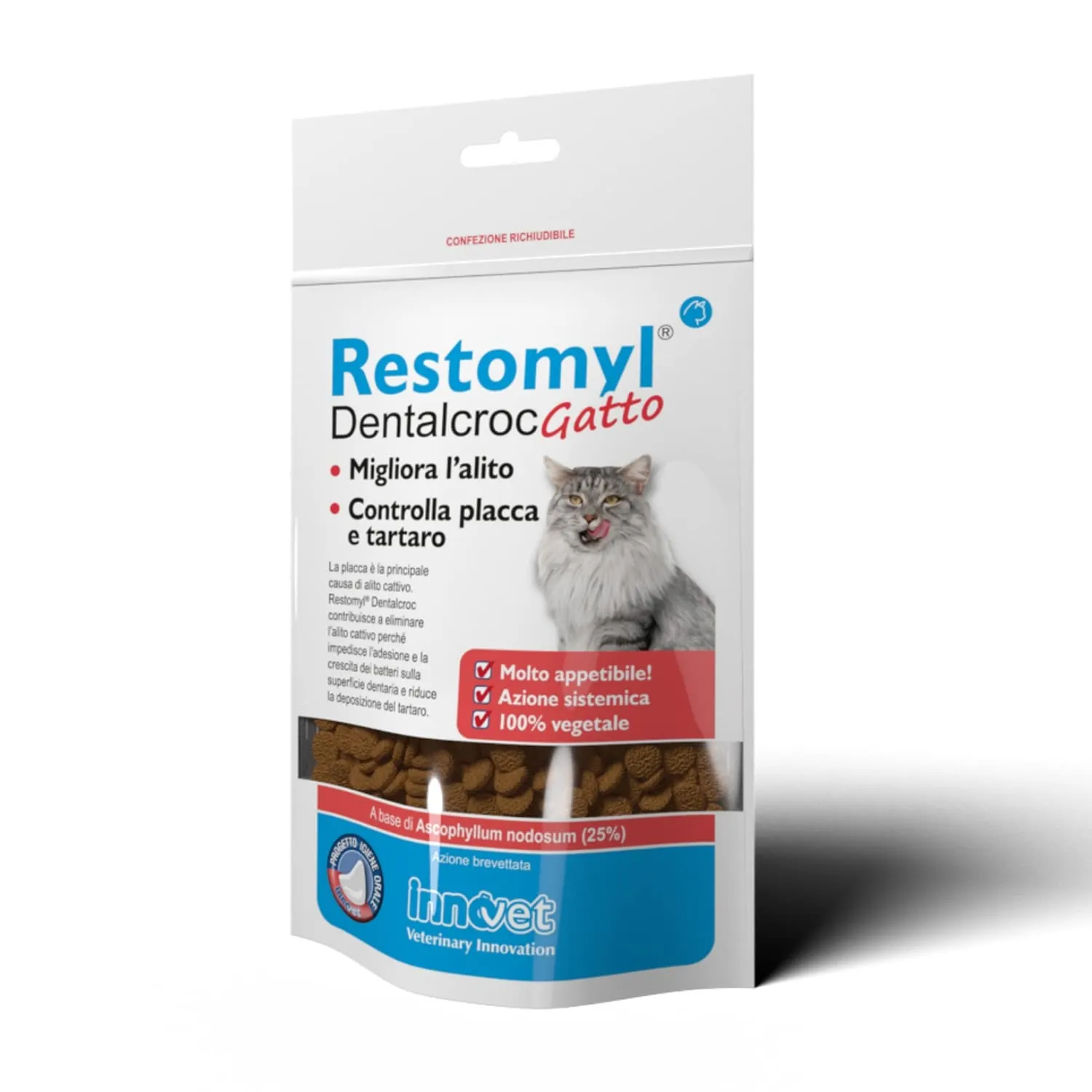 Innovet Restomyl Dentalcroc, Supporto nutrizionale, Migliora l'alito. Controlla e previene la Placca e Il Tartaro dei Gatti - Confezione con Busta da 60 g - immagine 1