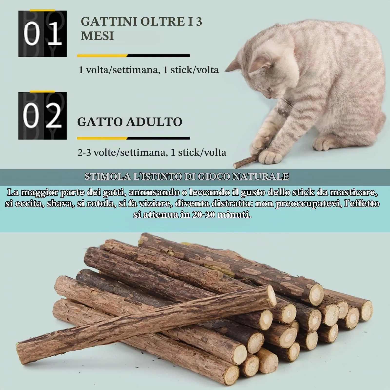 onebarleycorn - Bastoncini di Erba Gatta in Legno Matatabi Gatti Bastoncini Erba Gatta per la Cura Dentale aiutano Giocando ad eliminare alitosi e tartaro (20PCS) - immagine 5