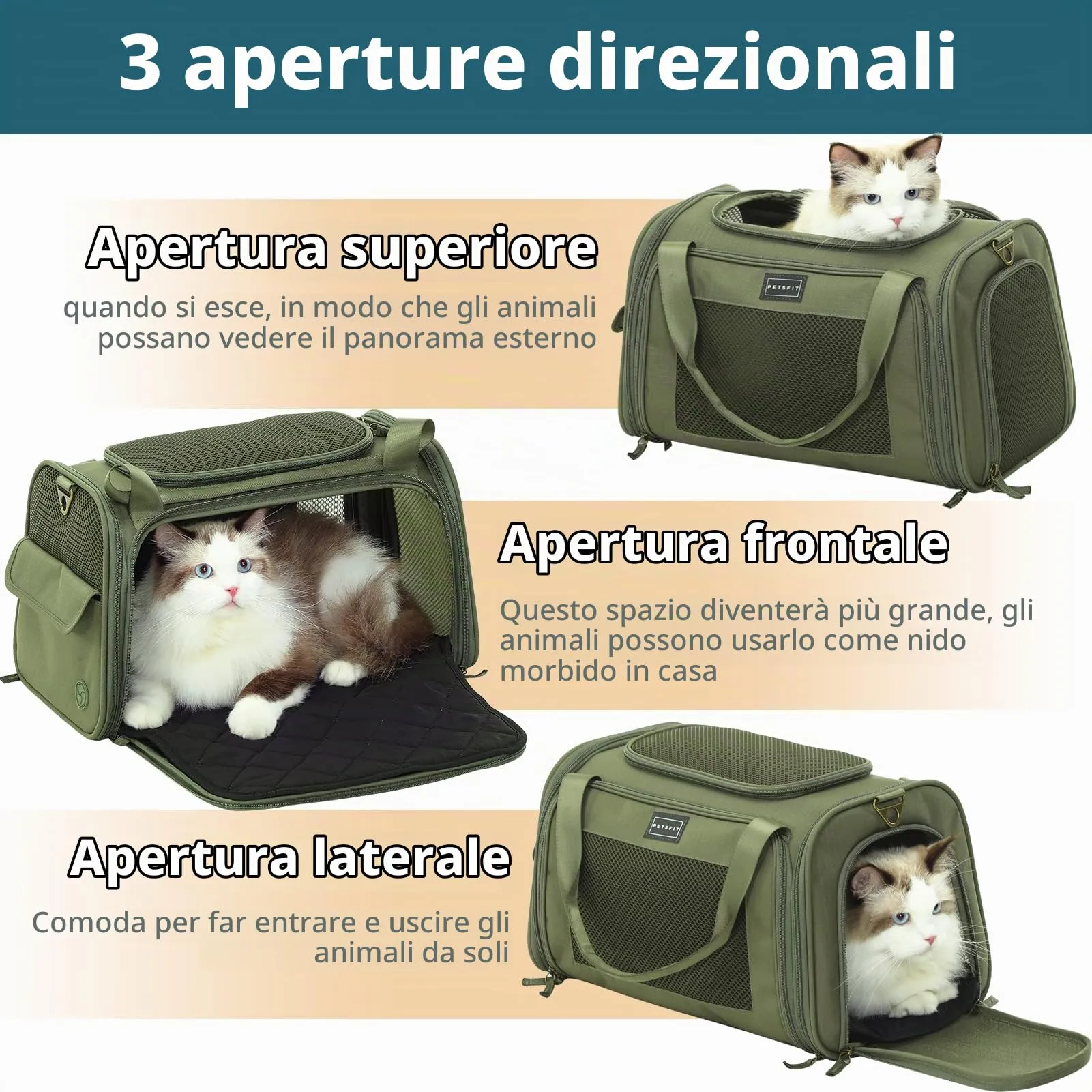 Petsfit Trasportino per Gatti Grande, Trasportino per Cani Piccolo e Grande con Materassino Morbido Espandibile, Borsa da Trasporto Pieghevole Approvata per Compagnie Aeree con Ventilazione in Tessuto - immagine 2