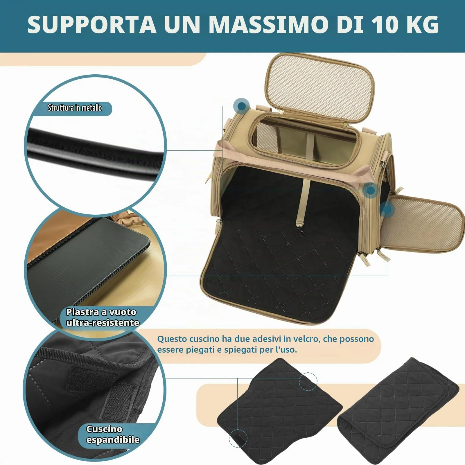 Petsfit Borsa per il trasporto leggera approvata dalle compagnie aeree per piccoli cani, tessuto Oxford quadrilatero e rete di ventilazione, borsa per il trasporto morbida con tappetino estensibile - immagine 2