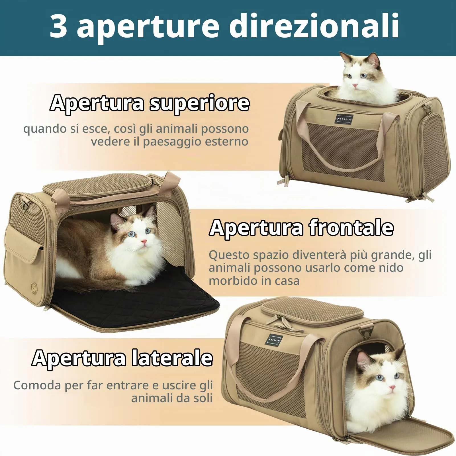 Petsfit Borsa per il trasporto leggera approvata dalle compagnie aeree per piccoli cani, tessuto Oxford quadrilatero e rete di ventilazione, borsa per il trasporto morbida con tappetino estensibile - immagine 3