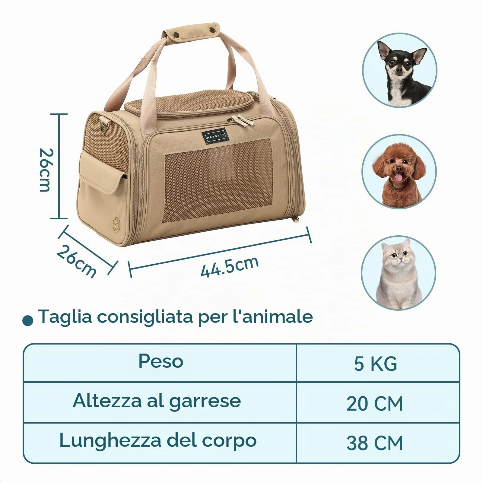Petsfit Borsa per il trasporto leggera approvata dalle compagnie aeree per piccoli cani, tessuto Oxford quadrilatero e rete di ventilazione, borsa per il trasporto morbida con tappetino estensibile - immagine 4