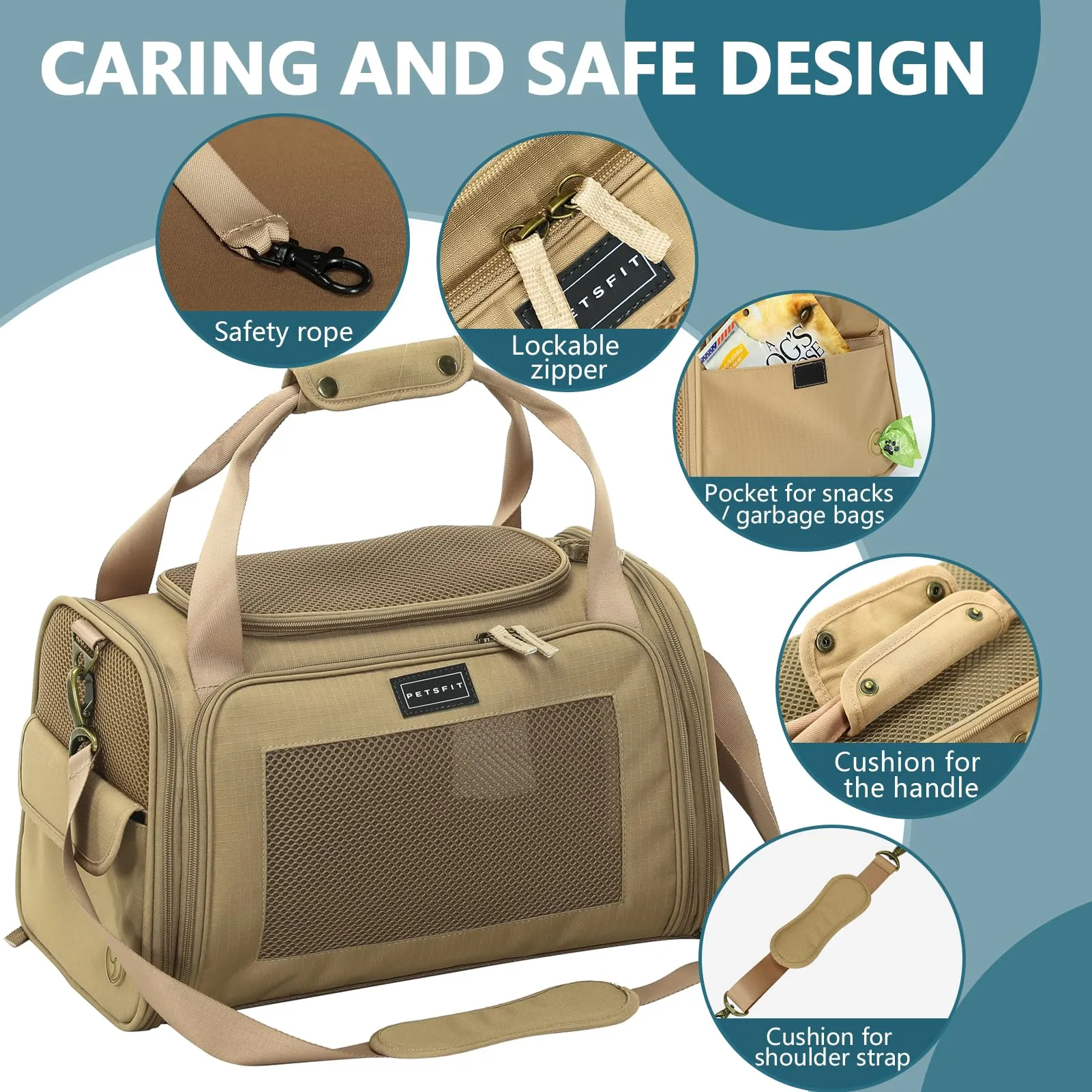 Petsfit Borsa per il trasporto leggera approvata dalle compagnie aeree per piccoli cani, tessuto Oxford quadrilatero e rete di ventilazione, borsa per il trasporto morbida con tappetino estensibile - immagine 7