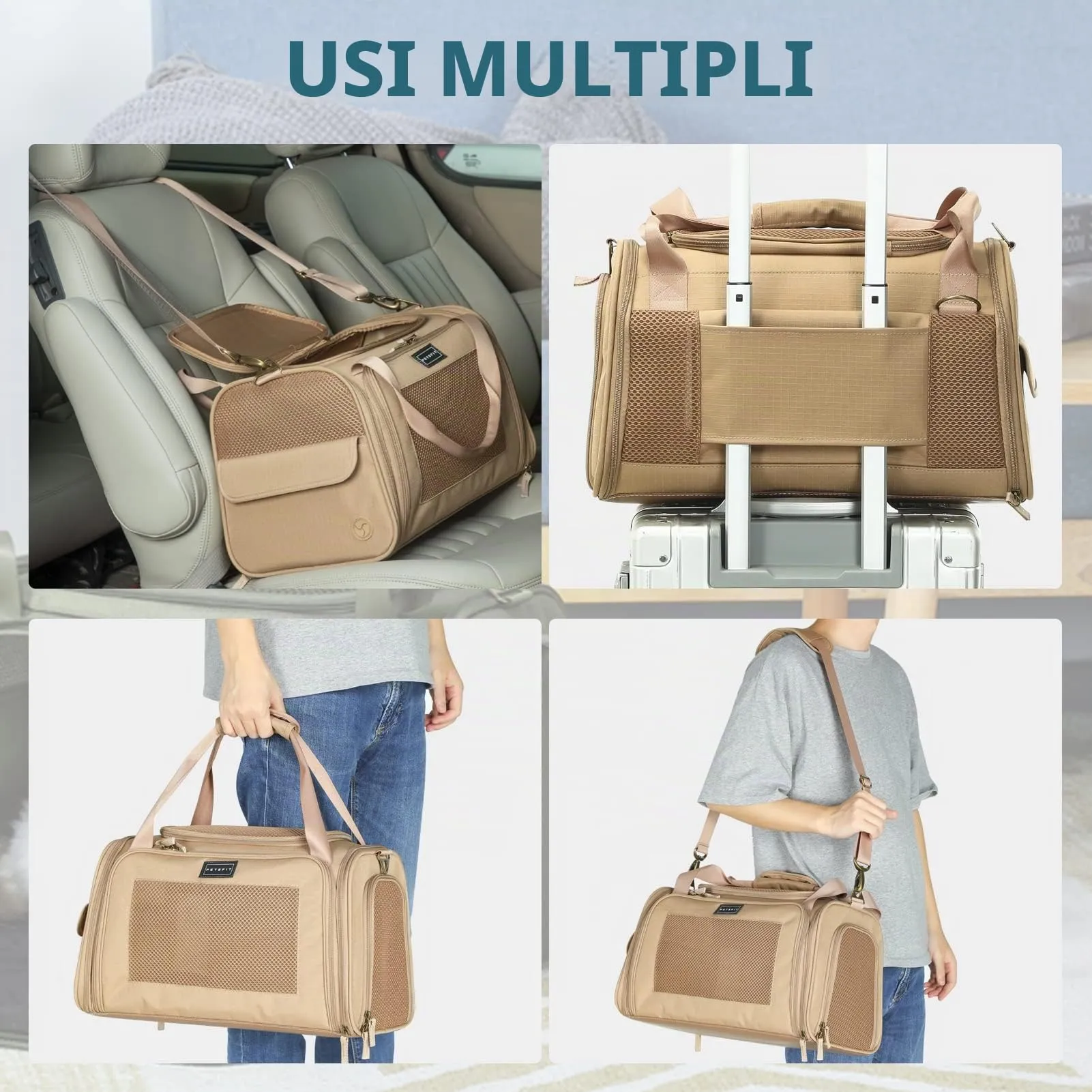 Petsfit Borsa per il trasporto leggera approvata dalle compagnie aeree per piccoli cani, tessuto Oxford quadrilatero e rete di ventilazione, borsa per il trasporto morbida con tappetino estensibile - immagine 8