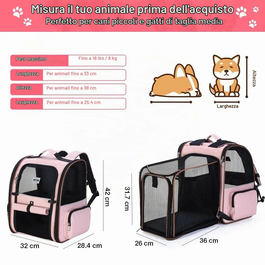 Lekespring Zaino per Cani Gatti Trasportino Espandibile,Pieghevole Cuccia Portatile Traspirante per Cani Piccoli Gatti Medi Fino a 8 KG con 4 Ingressi,per Viaggi Sia Lunghi Che Corti,Verde - immagine 2