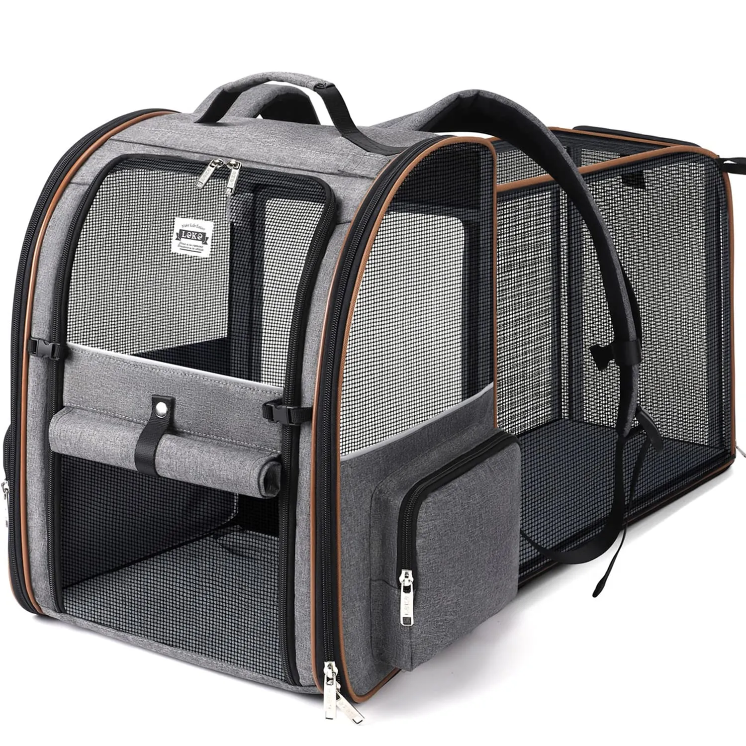 Lekespring Zaino per Cani Gatti Grande Porta Animali Espandibile Per Cani Piccoli Gatti Medi Fino a 8 KG, con 4 ingressi Zaino Traspirante Porta Cuccioli Pieghevole Per Viaggi, Escursioni, Grigio - immagine 1