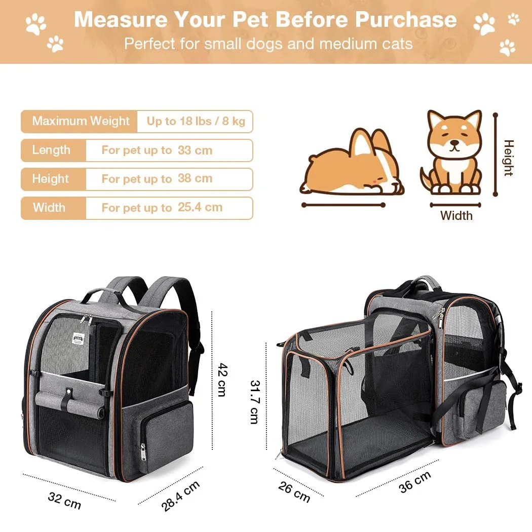 Lekespring Zaino per Cani Gatti Grande Porta Animali Espandibile Per Cani Piccoli Gatti Medi Fino a 8 KG, con 4 ingressi Zaino Traspirante Porta Cuccioli Pieghevole Per Viaggi, Escursioni, Grigio - immagine 2