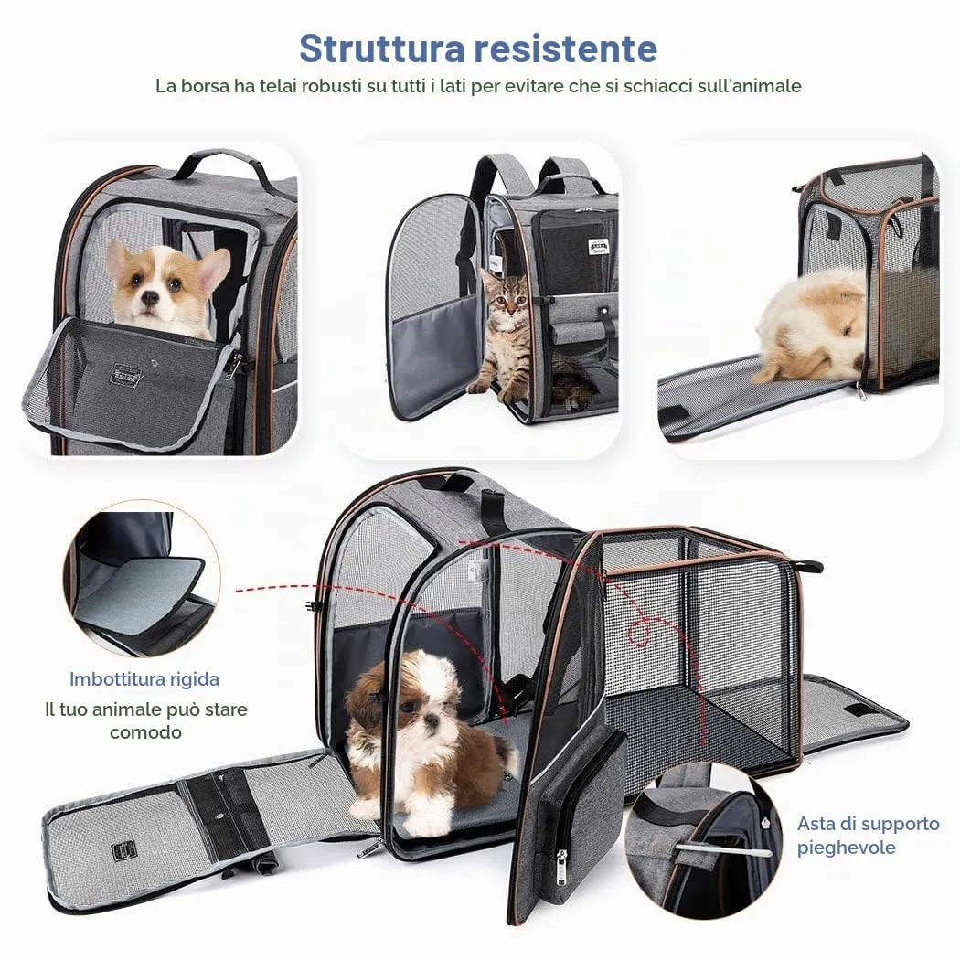 Lekespring Zaino per Cani Gatti Grande Porta Animali Espandibile Per Cani Piccoli Gatti Medi Fino a 8 KG, con 4 ingressi Zaino Traspirante Porta Cuccioli Pieghevole Per Viaggi, Escursioni, Grigio - immagine 3