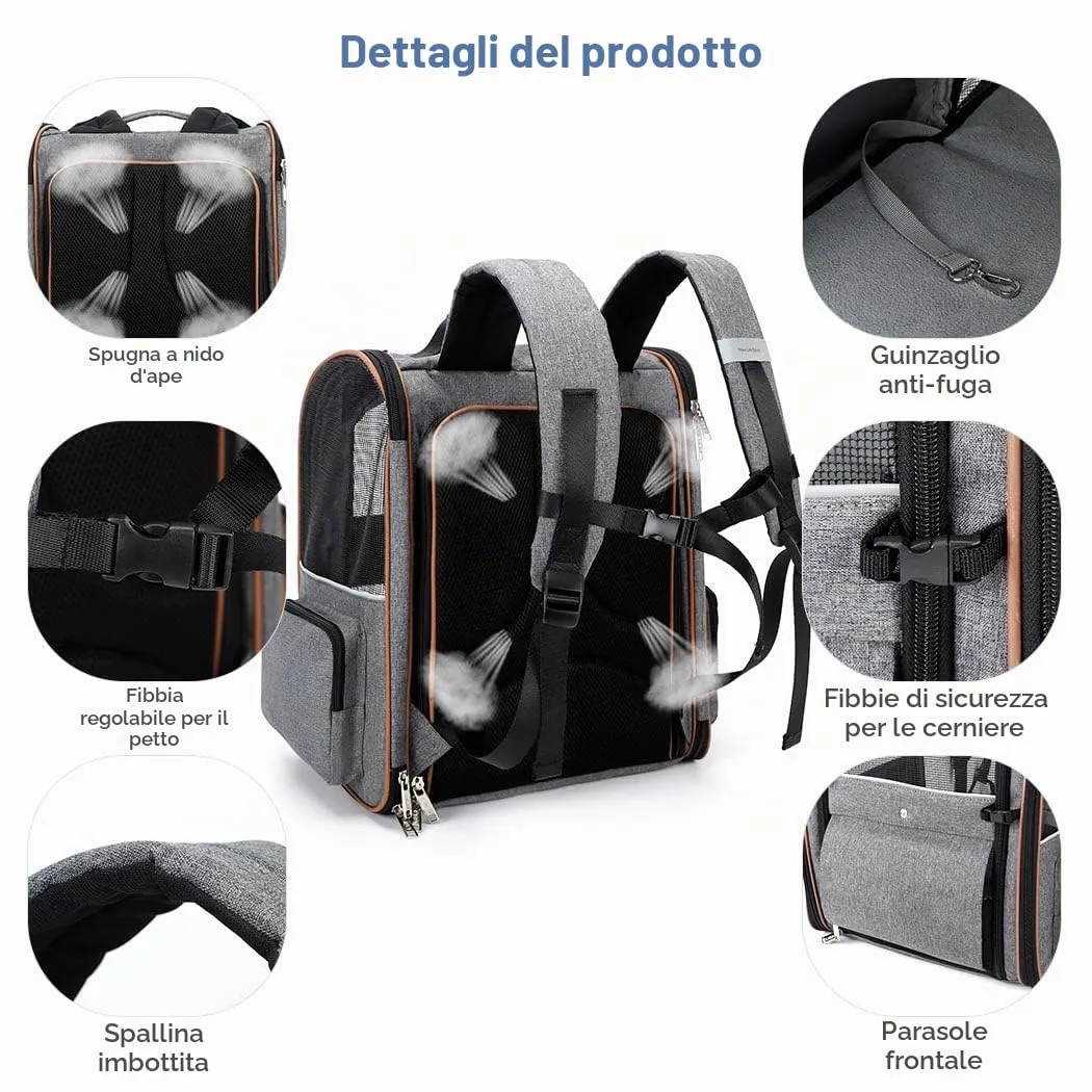 Lekespring Zaino per Cani Gatti Grande Porta Animali Espandibile Per Cani Piccoli Gatti Medi Fino a 8 KG, con 4 ingressi Zaino Traspirante Porta Cuccioli Pieghevole Per Viaggi, Escursioni, Grigio - immagine 4
