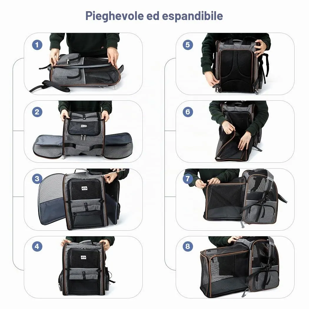 Lekespring Zaino per Cani Gatti Grande Porta Animali Espandibile Per Cani Piccoli Gatti Medi Fino a 8 KG, con 4 ingressi Zaino Traspirante Porta Cuccioli Pieghevole Per Viaggi, Escursioni, Grigio - immagine 6
