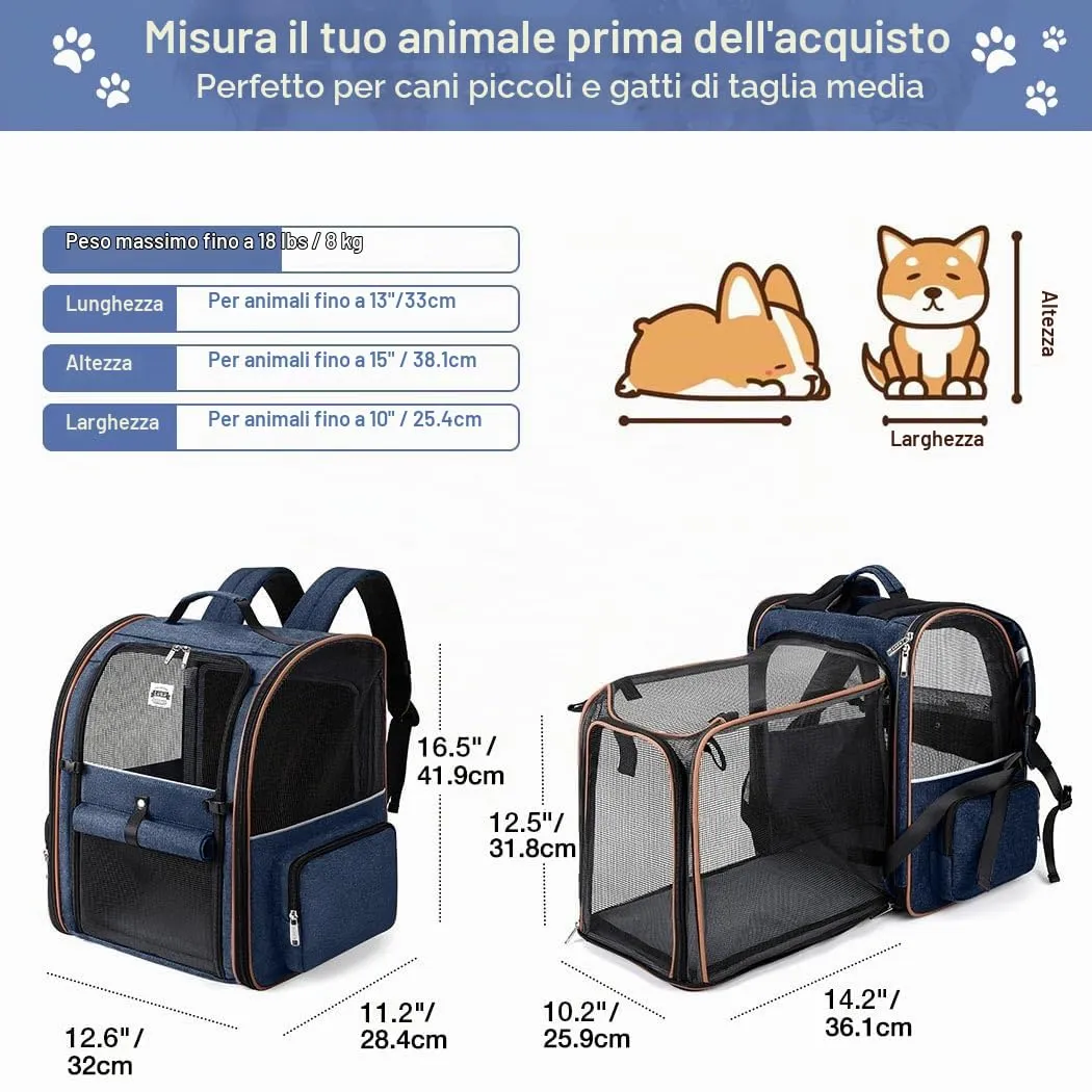 Lekespring Zaino per Cani Gatti Trasportino Espandibile,Pieghevole Cuccia Portatile Traspirante per Cani Piccoli Gatti Medi Fino a 8 KG con 4 Ingressi,per Viaggi Sia Lunghi Che Corti,Blu - immagine 2