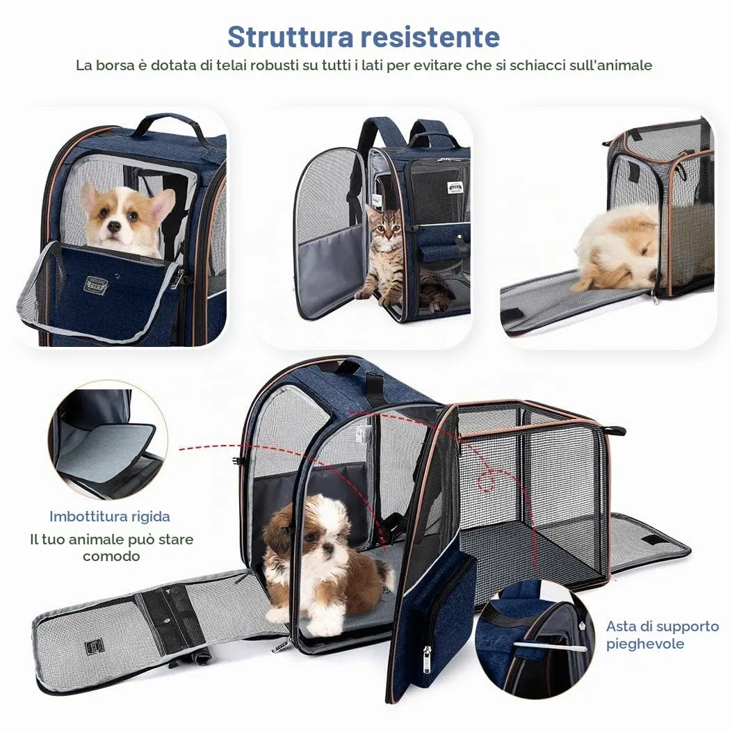 Lekespring Zaino per Cani Gatti Trasportino Espandibile,Pieghevole Cuccia Portatile Traspirante per Cani Piccoli Gatti Medi Fino a 8 KG con 4 Ingressi,per Viaggi Sia Lunghi Che Corti,Blu - immagine 3