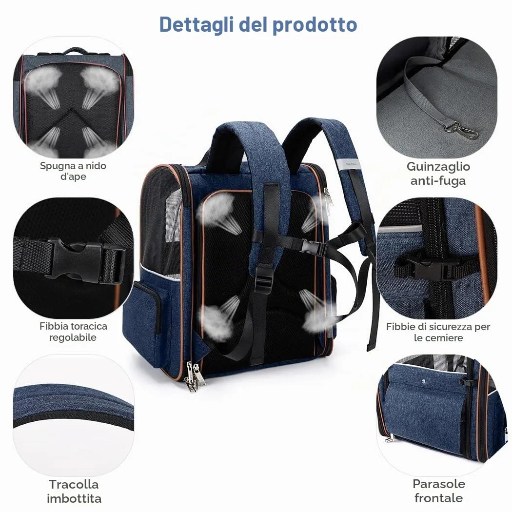 Lekespring Zaino per Cani Gatti Trasportino Espandibile,Pieghevole Cuccia Portatile Traspirante per Cani Piccoli Gatti Medi Fino a 8 KG con 4 Ingressi,per Viaggi Sia Lunghi Che Corti,Blu - immagine 4