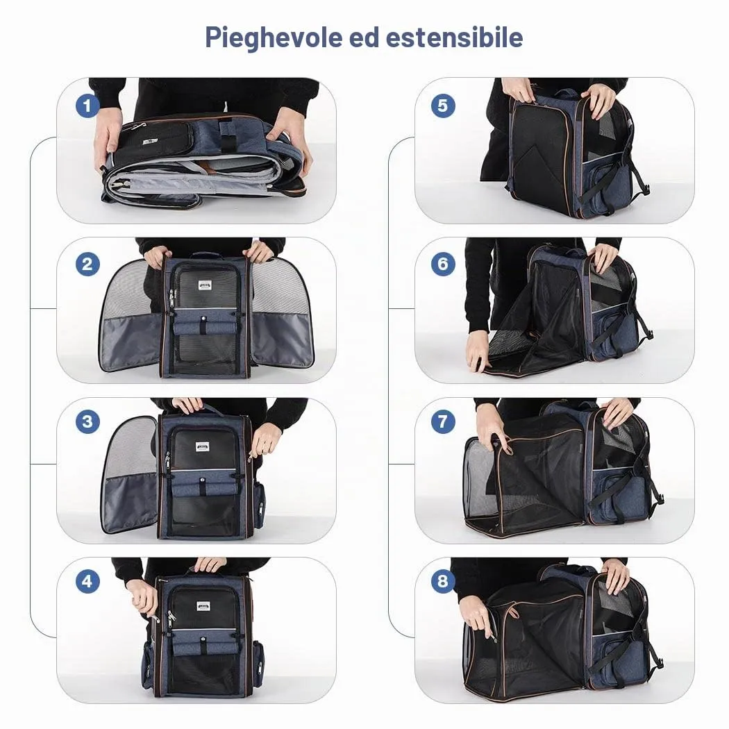 Lekespring Zaino per Cani Gatti Trasportino Espandibile,Pieghevole Cuccia Portatile Traspirante per Cani Piccoli Gatti Medi Fino a 8 KG con 4 Ingressi,per Viaggi Sia Lunghi Che Corti,Blu - immagine 5