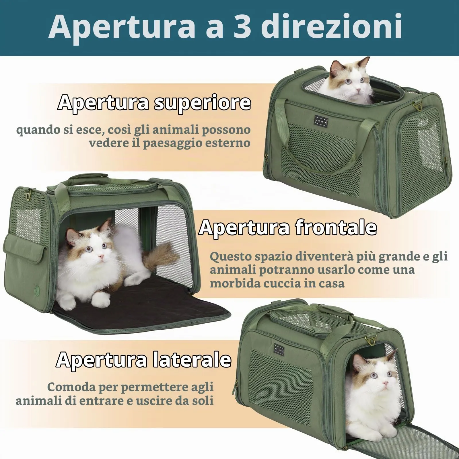 Petsfit Trasportino per gatti e cani pieghevole, borsa per il trasporto per cani e gatti, borsa di alta qualità per cani e gatti con tracolla e morbido cuscino espandibile, grande - immagine 3