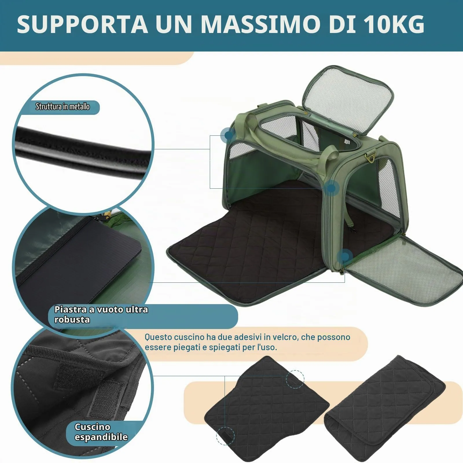 Petsfit Trasportino per gatti e cani pieghevole, borsa per il trasporto per cani e gatti, borsa di alta qualità per cani e gatti con tracolla e morbido cuscino espandibile, grande - immagine 5