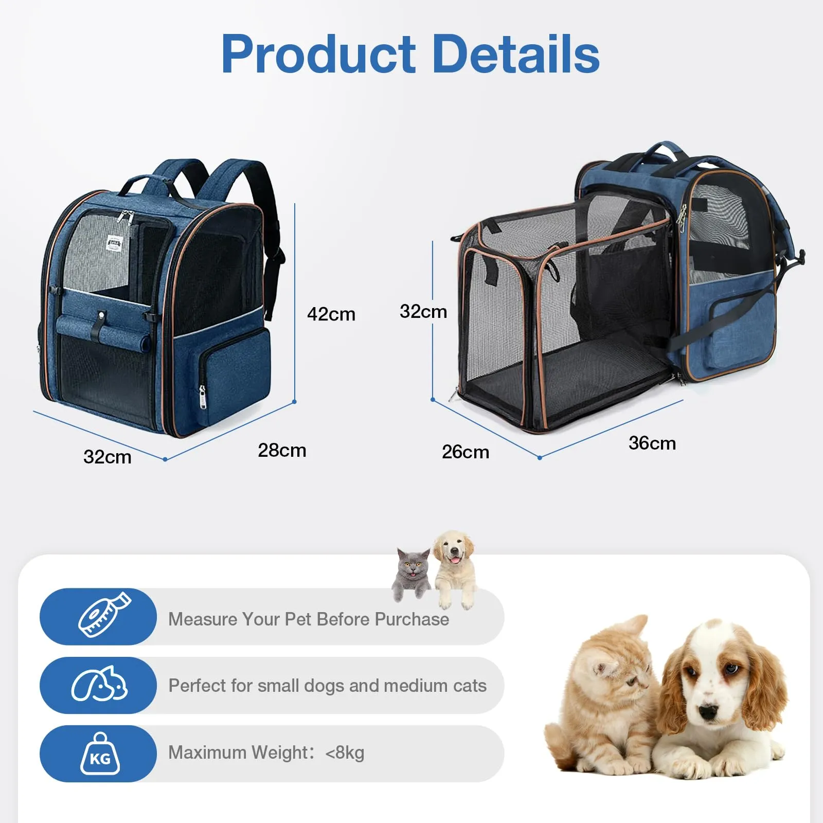 Lekespring Zaino per Cani Gatti Trasportino Espandibile,Grandi Pieghevole Cuccia Portatile con Imbracatura di Sicurezza e Tappetino per Animali Inclusi,Carico Massimo 10 KG,Blu XL - immagine 2