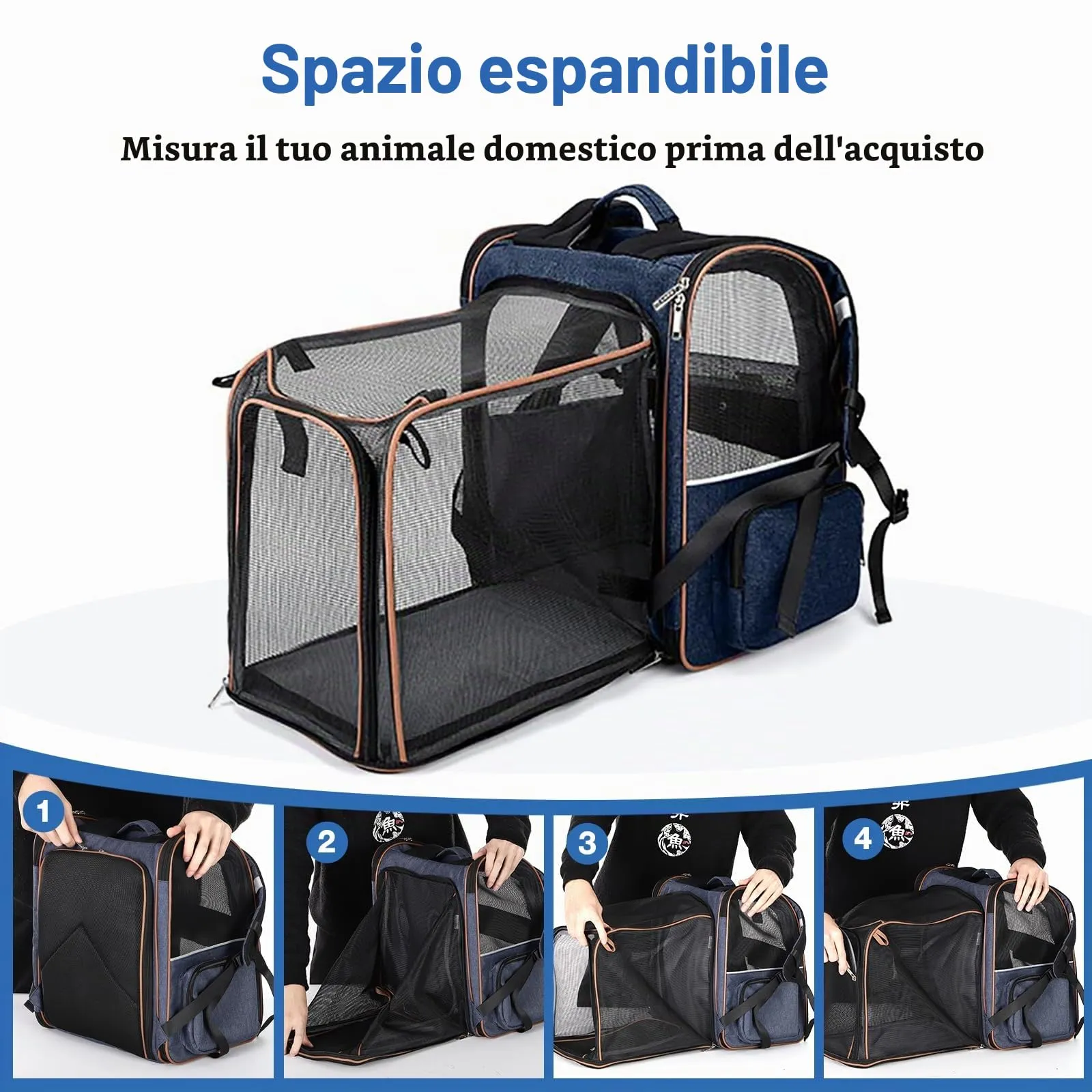 Lekespring Zaino per Cani Gatti Trasportino Espandibile,Grandi Pieghevole Cuccia Portatile con Imbracatura di Sicurezza e Tappetino per Animali Inclusi,Carico Massimo 10 KG,Blu XL - immagine 4