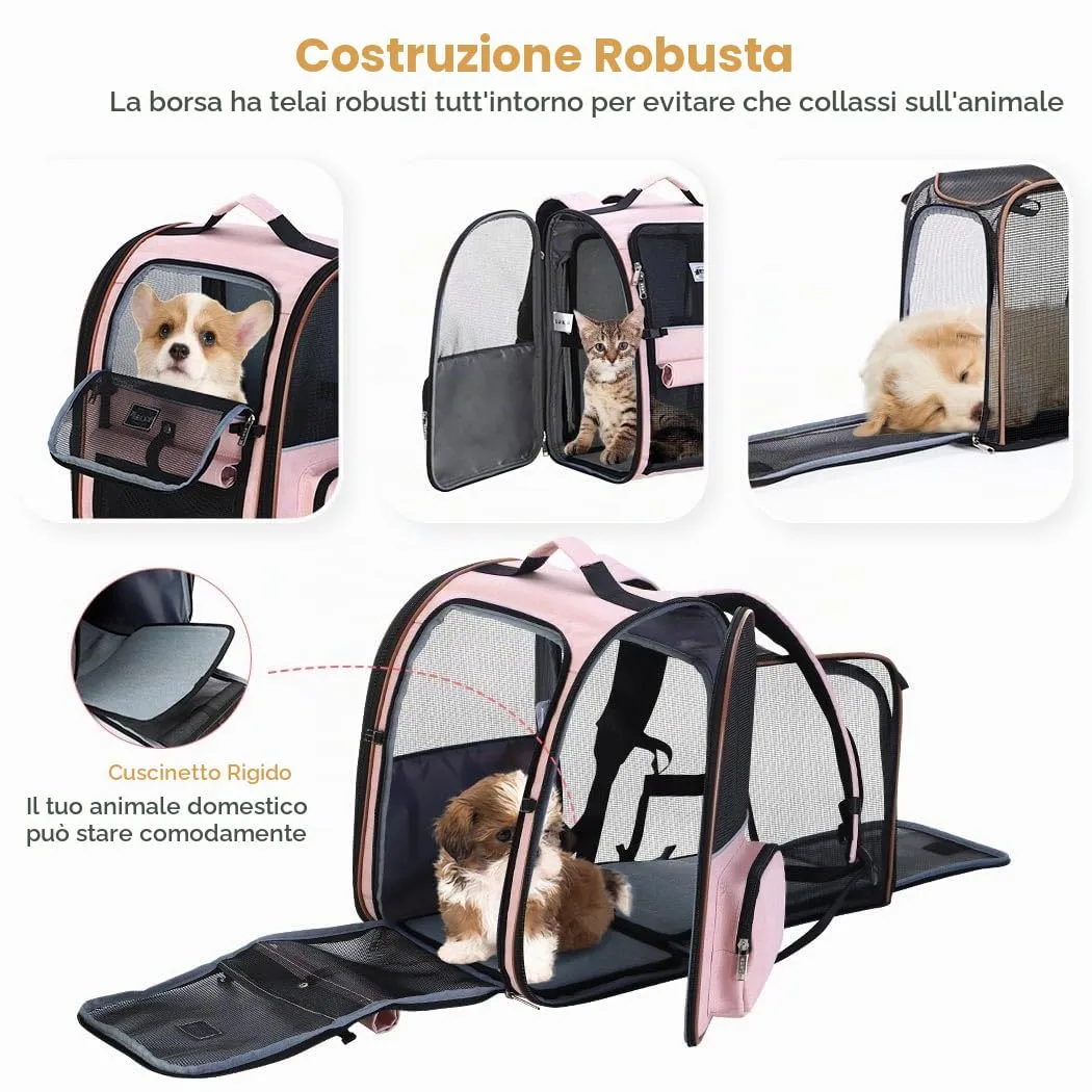 Lekespring Zaino per Cani Gatti Trasportino Espandibile,Grandi Pieghevole Cuccia Portatile con Imbracatura di Sicurezza e Tappetino per Animali Inclusi,Carico Massimo 10 KG,Rosa XL - immagine 2