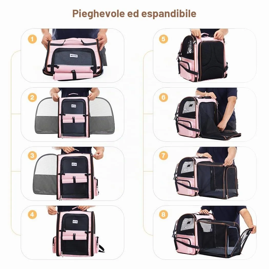 Lekespring Zaino per Cani Gatti Trasportino Espandibile,Grandi Pieghevole Cuccia Portatile con Imbracatura di Sicurezza e Tappetino per Animali Inclusi,Carico Massimo 10 KG,Rosa XL - immagine 3