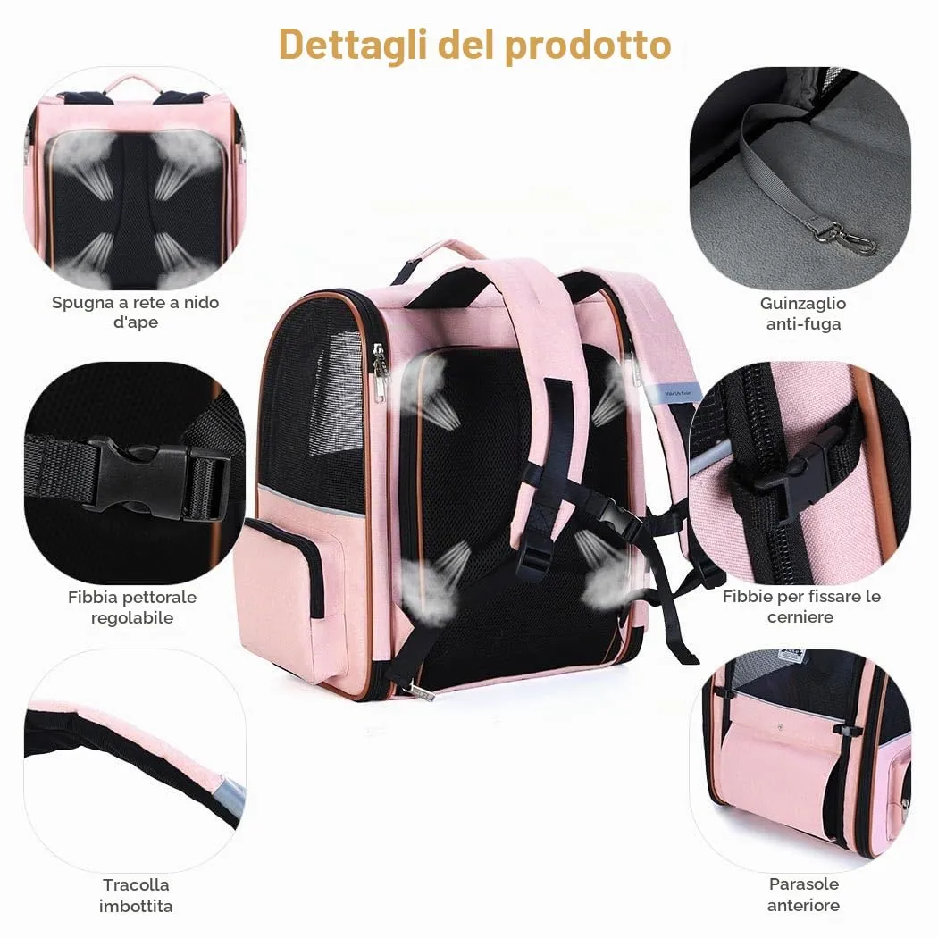 Lekespring Zaino per Cani Gatti Trasportino Espandibile,Grandi Pieghevole Cuccia Portatile con Imbracatura di Sicurezza e Tappetino per Animali Inclusi,Carico Massimo 10 KG,Rosa XL - immagine 4