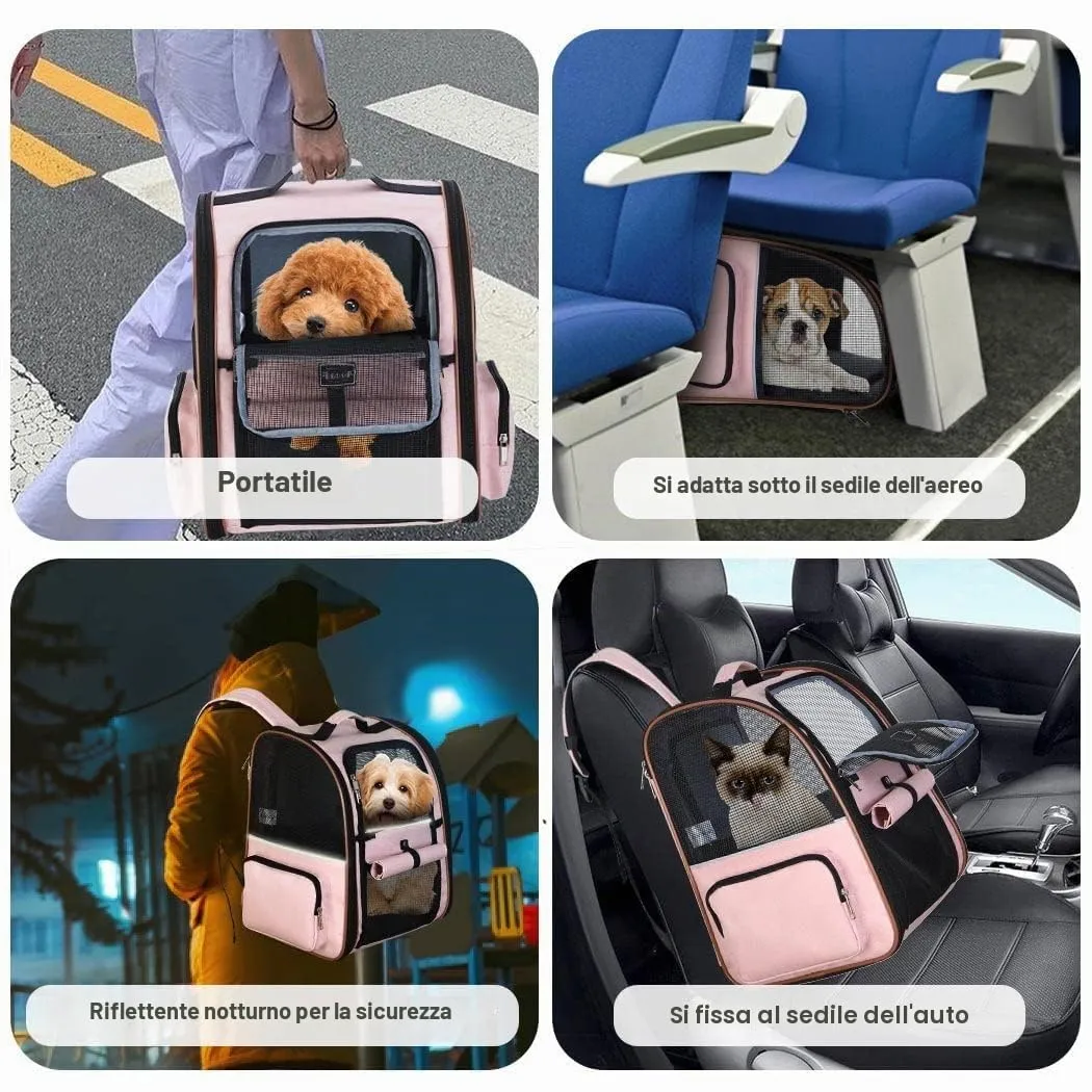 Lekespring Zaino per Cani Gatti Trasportino Espandibile,Grandi Pieghevole Cuccia Portatile con Imbracatura di Sicurezza e Tappetino per Animali Inclusi,Carico Massimo 10 KG,Rosa XL - immagine 5