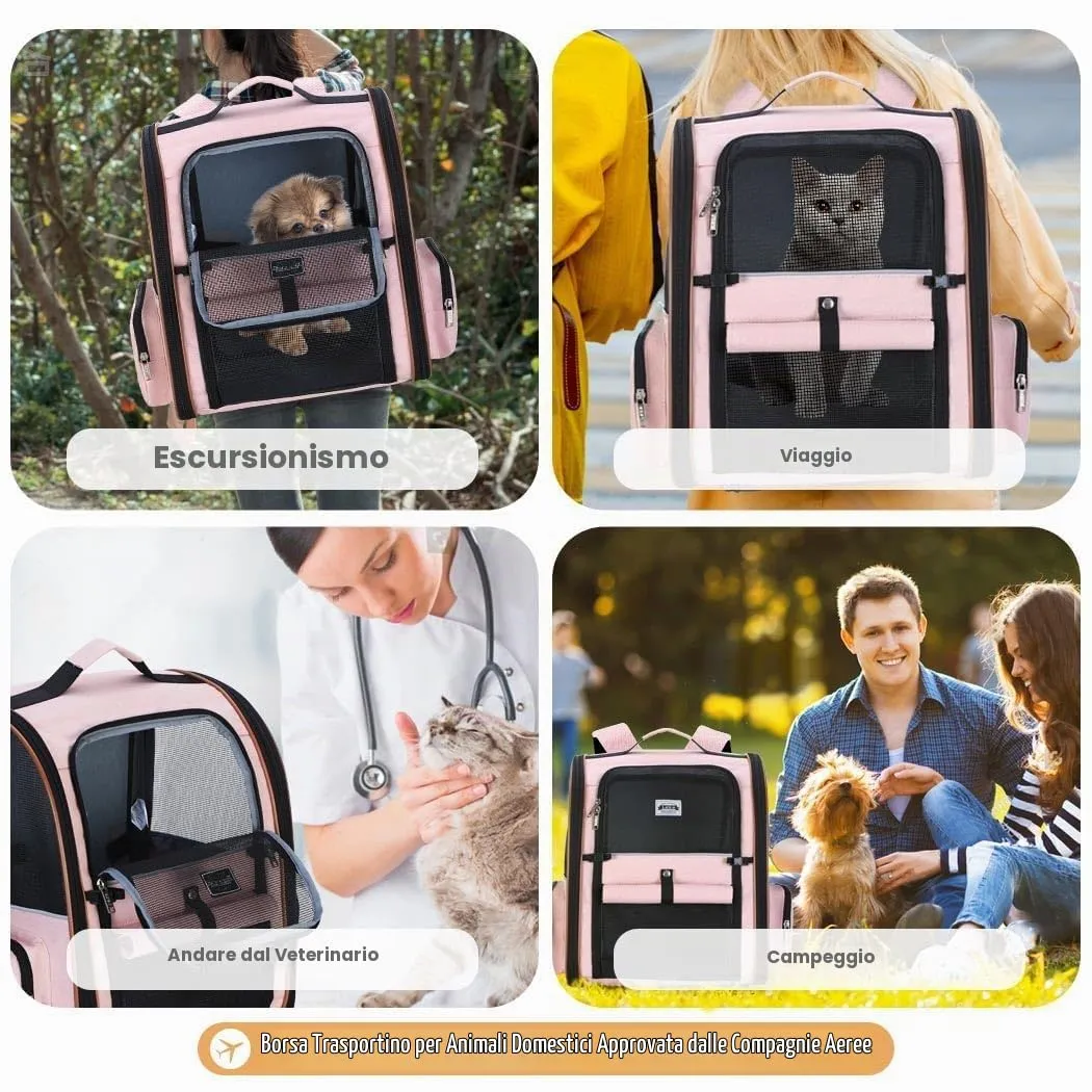 Lekespring Zaino per Cani Gatti Trasportino Espandibile,Grandi Pieghevole Cuccia Portatile con Imbracatura di Sicurezza e Tappetino per Animali Inclusi,Carico Massimo 10 KG,Rosa XL - immagine 6