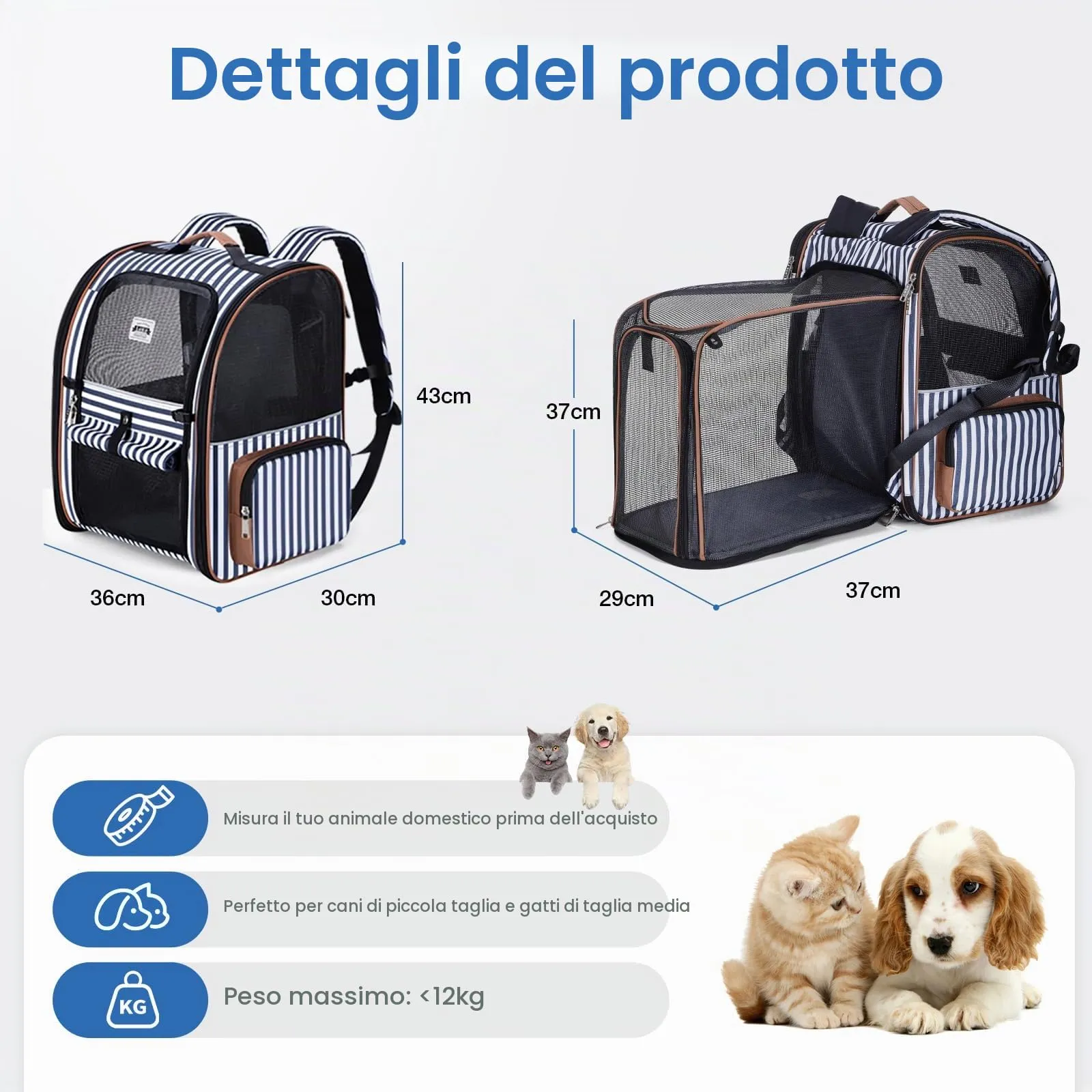 Lekespring Zaino per Cani Gatti Trasportino Espandibile,Grandi Pieghevole Cuccia Portatile con Imbracatura di Sicurezza e Tappetino per Animali Inclusi,Carico Massimo 10 KG,Strisce Blu XL - immagine 2