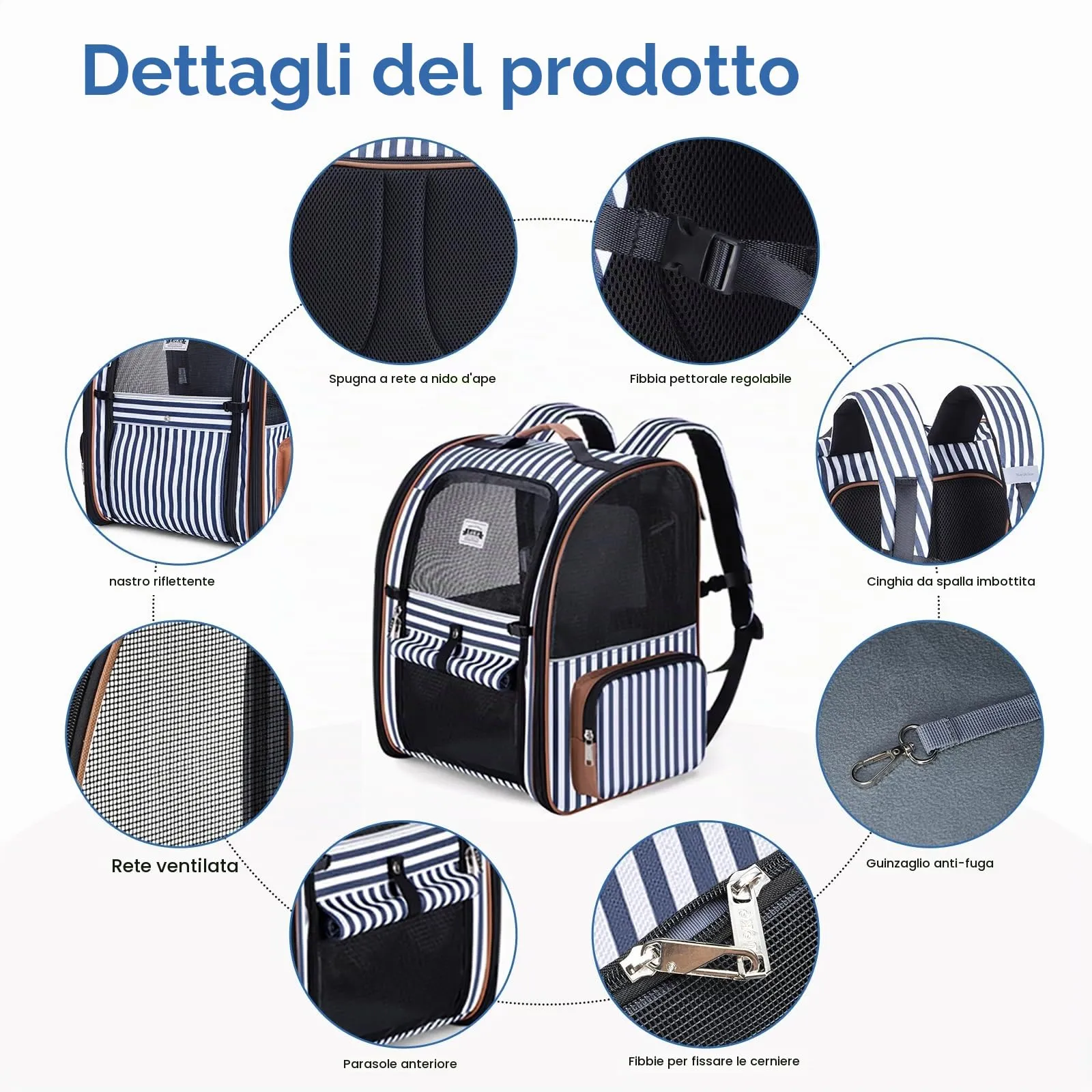 Lekespring Zaino per Cani Gatti Trasportino Espandibile,Grandi Pieghevole Cuccia Portatile con Imbracatura di Sicurezza e Tappetino per Animali Inclusi,Carico Massimo 10 KG,Strisce Blu XL - immagine 3
