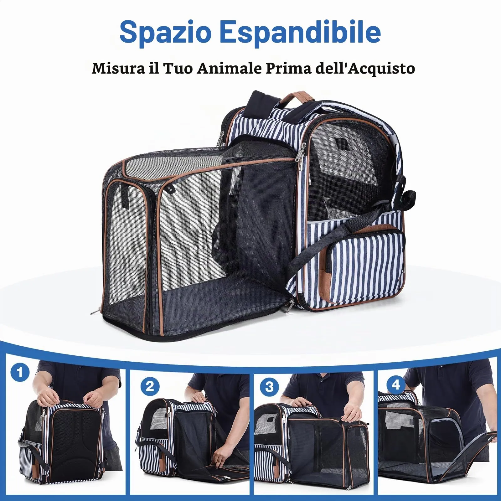 Lekespring Zaino per Cani Gatti Trasportino Espandibile,Grandi Pieghevole Cuccia Portatile con Imbracatura di Sicurezza e Tappetino per Animali Inclusi,Carico Massimo 10 KG,Strisce Blu XL - immagine 4