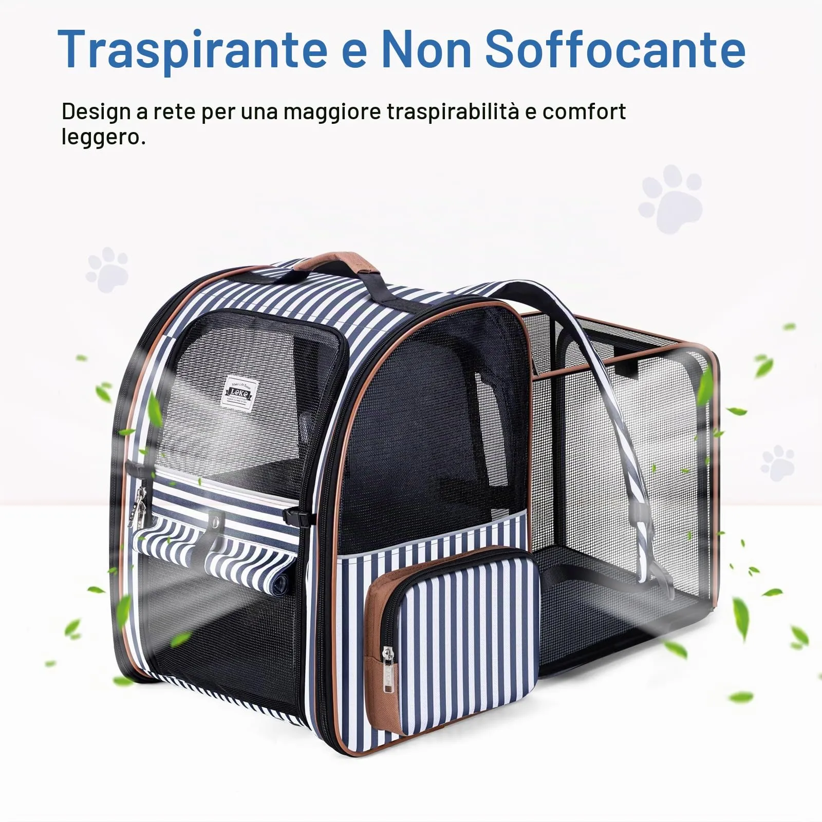 Lekespring Zaino per Cani Gatti Trasportino Espandibile,Grandi Pieghevole Cuccia Portatile con Imbracatura di Sicurezza e Tappetino per Animali Inclusi,Carico Massimo 10 KG,Strisce Blu XL - immagine 6