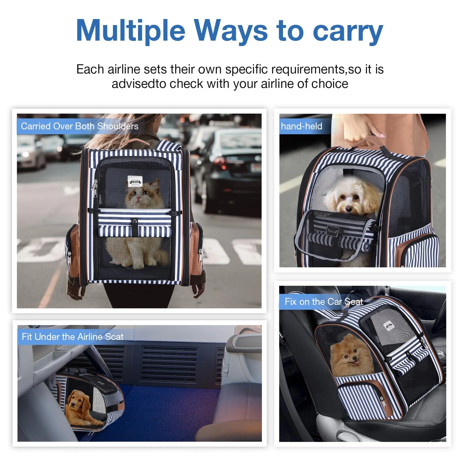 Lekespring Zaino per Cani Gatti Trasportino Espandibile,Grandi Pieghevole Cuccia Portatile con Imbracatura di Sicurezza e Tappetino per Animali Inclusi,Carico Massimo 10 KG,Strisce Blu XL - immagine 7