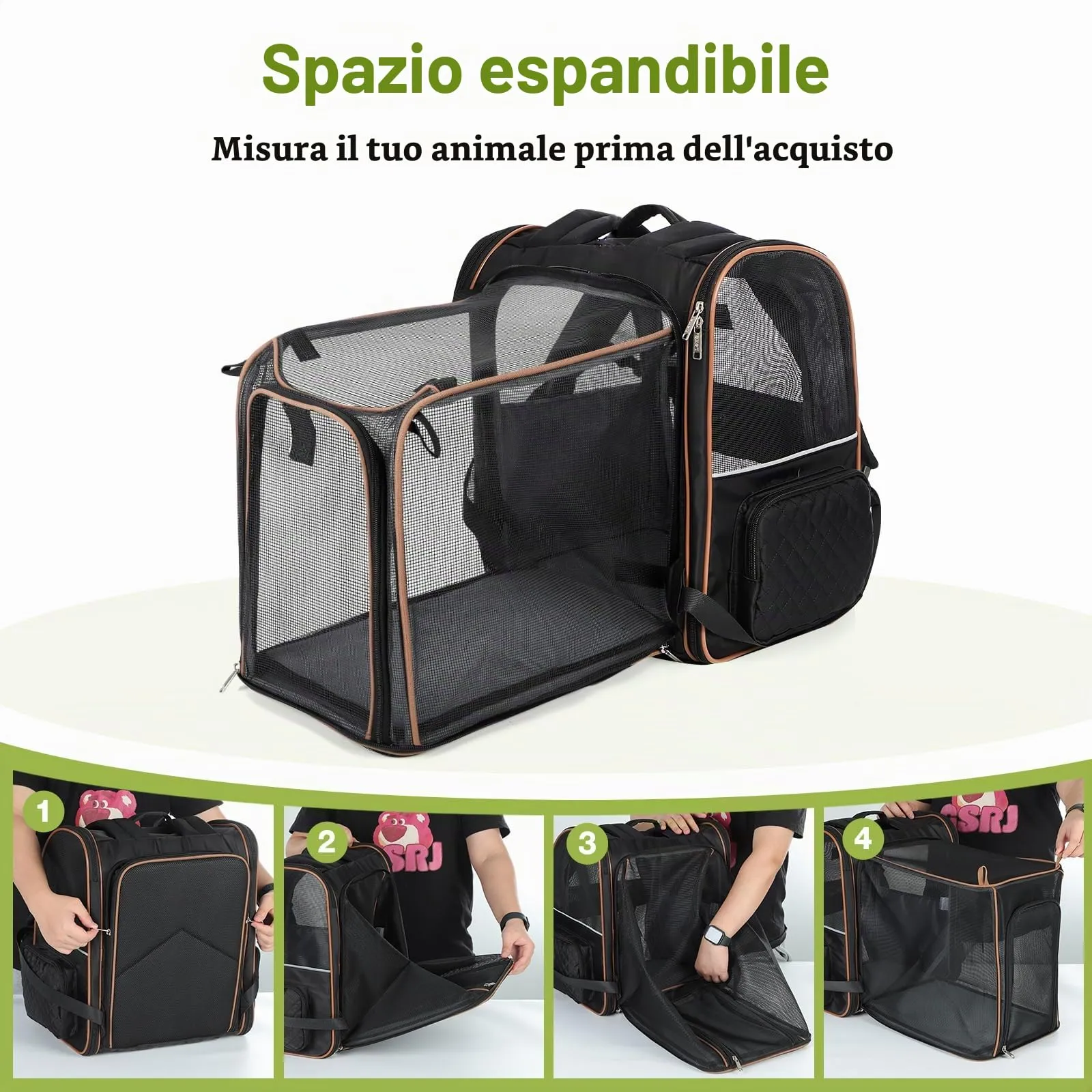 Lekespring Zaino per Cani Gatti Grande Porta Animali Espandibile Per Cani Piccoli Gatti Medi Fino a 10 KG, con 4 ingressi Zaino Traspirante Porta Cuccioli Pieghevole Per Viaggi, Escursioni, Nero XL - immagine 2